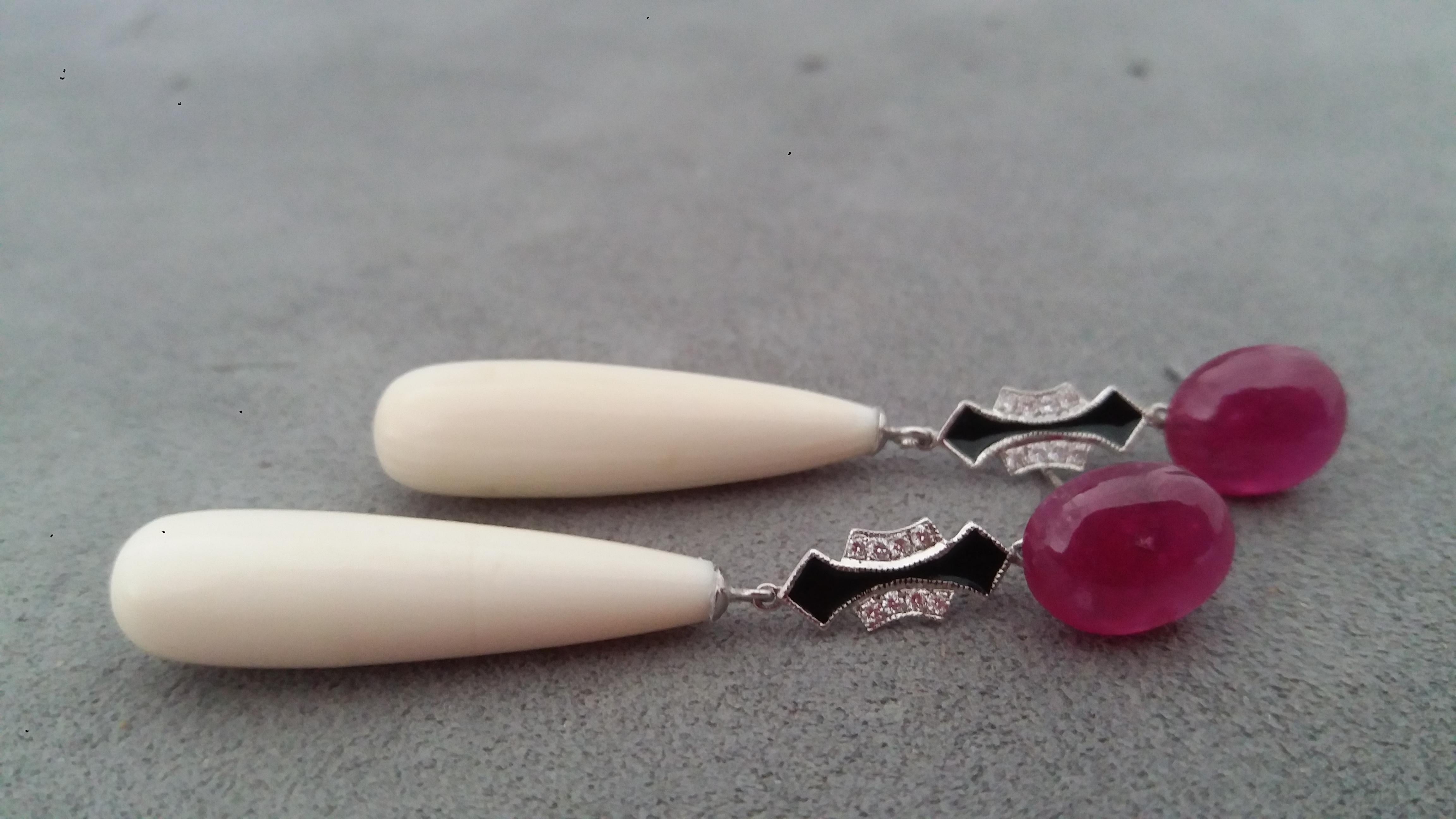 Cabujones de Rubí Estilo Art Decó Diamantes de Oro Esmalte Negro Hueso de Mamut  Pendientes Gotas Corte mixto