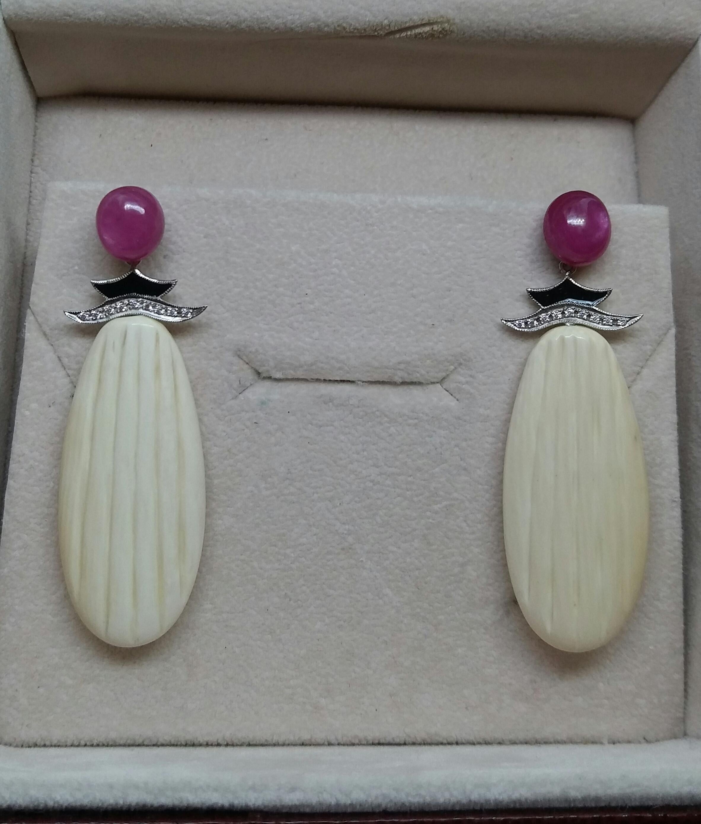 Art Deco Style Ruby Cabs Gold Diamonds Black Enamel Mammoth Bone Drops Earrings For Sale 2