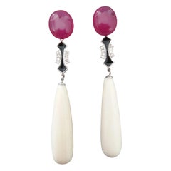 Art Deco Style Ruby Cabs Gold Diamonds Black Enamel Mammoth Bone  Drops Earrings