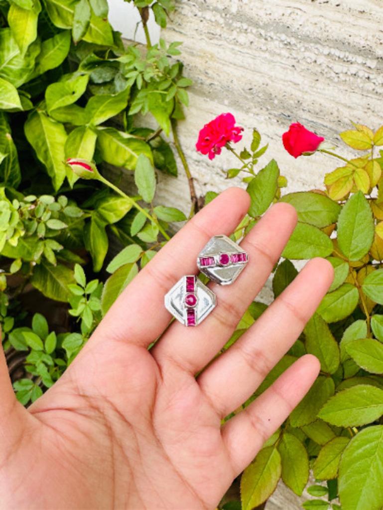 Mixed Cut Art Deco Style Ruby Cufflinks in 925 Sterling Silver For Sale