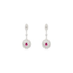 Boucles d'oreilles pendantes en or blanc 14 carats, style art déco, avec halo de rubis et de diamants Cadeau de luxe