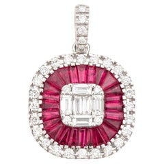 Art Deco Style Ruby & Diamond Pendant with Illusion Set Center in 18k White Gold