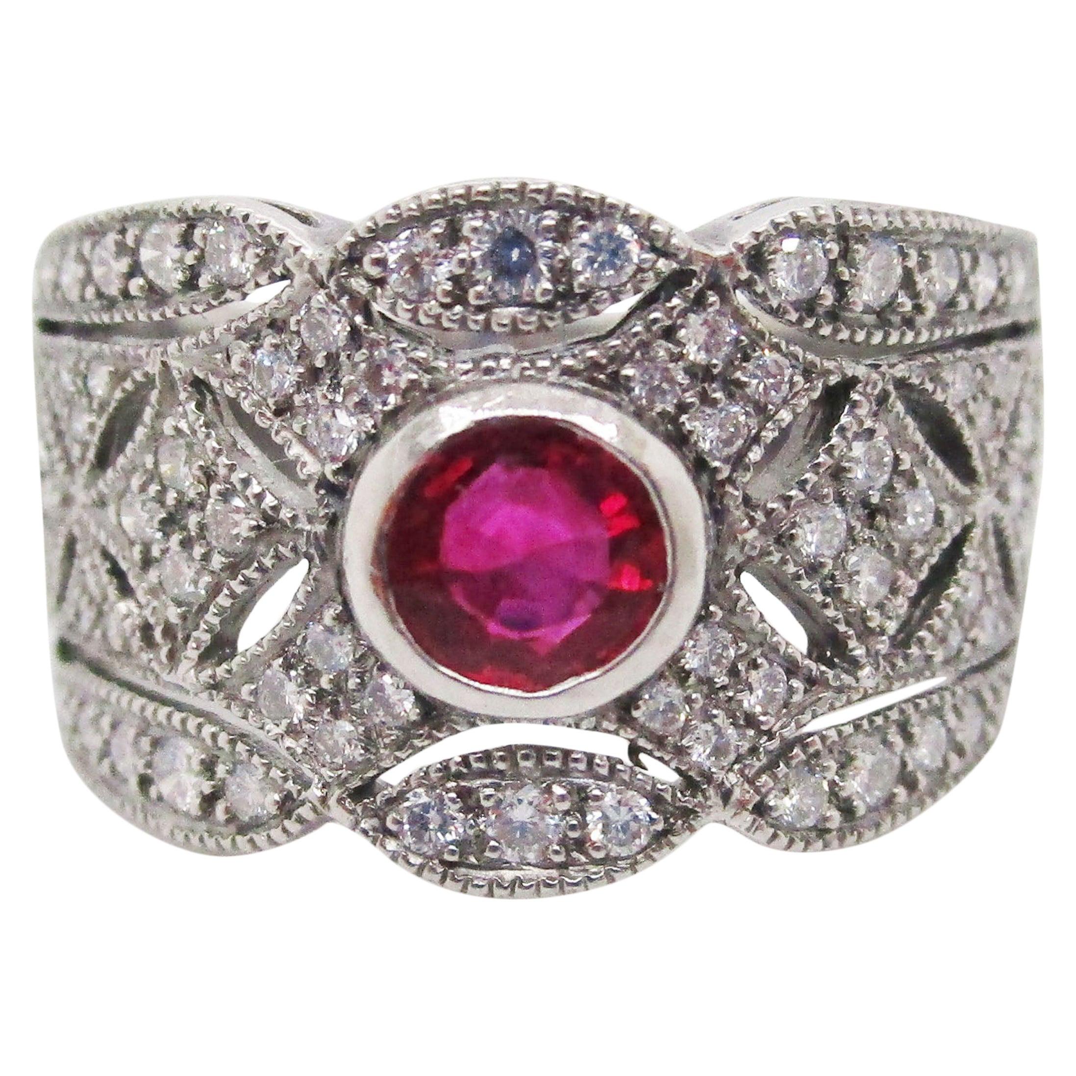 Art Deco Style Ruby Diamond Platinum Filigree Band