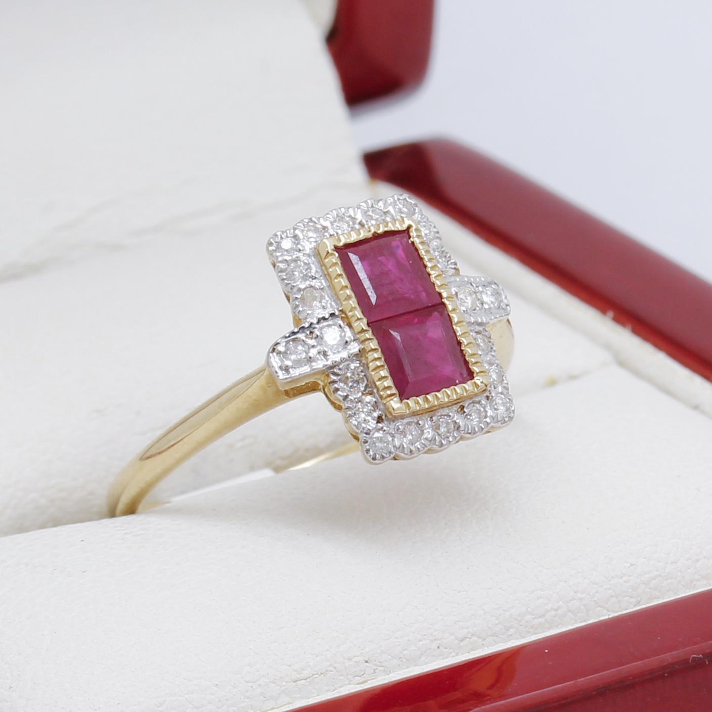 Princess Cut Art Deco Style Ruby & Diamond Ring, New For Sale