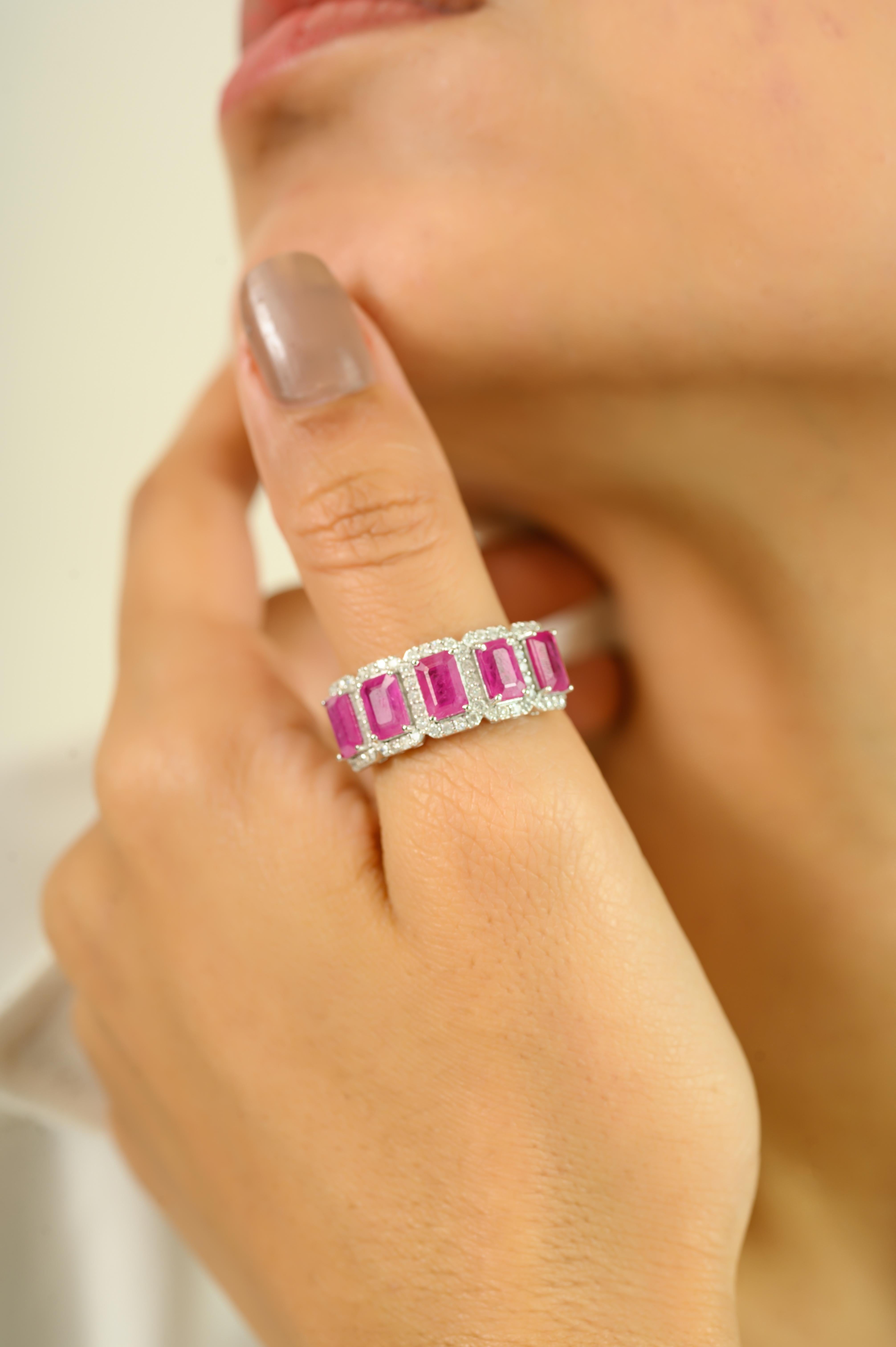 For Sale:  Art Deco Style Ruby Diamond Wedding Band Ring Gift for Her Set in 14k White Gold 10
