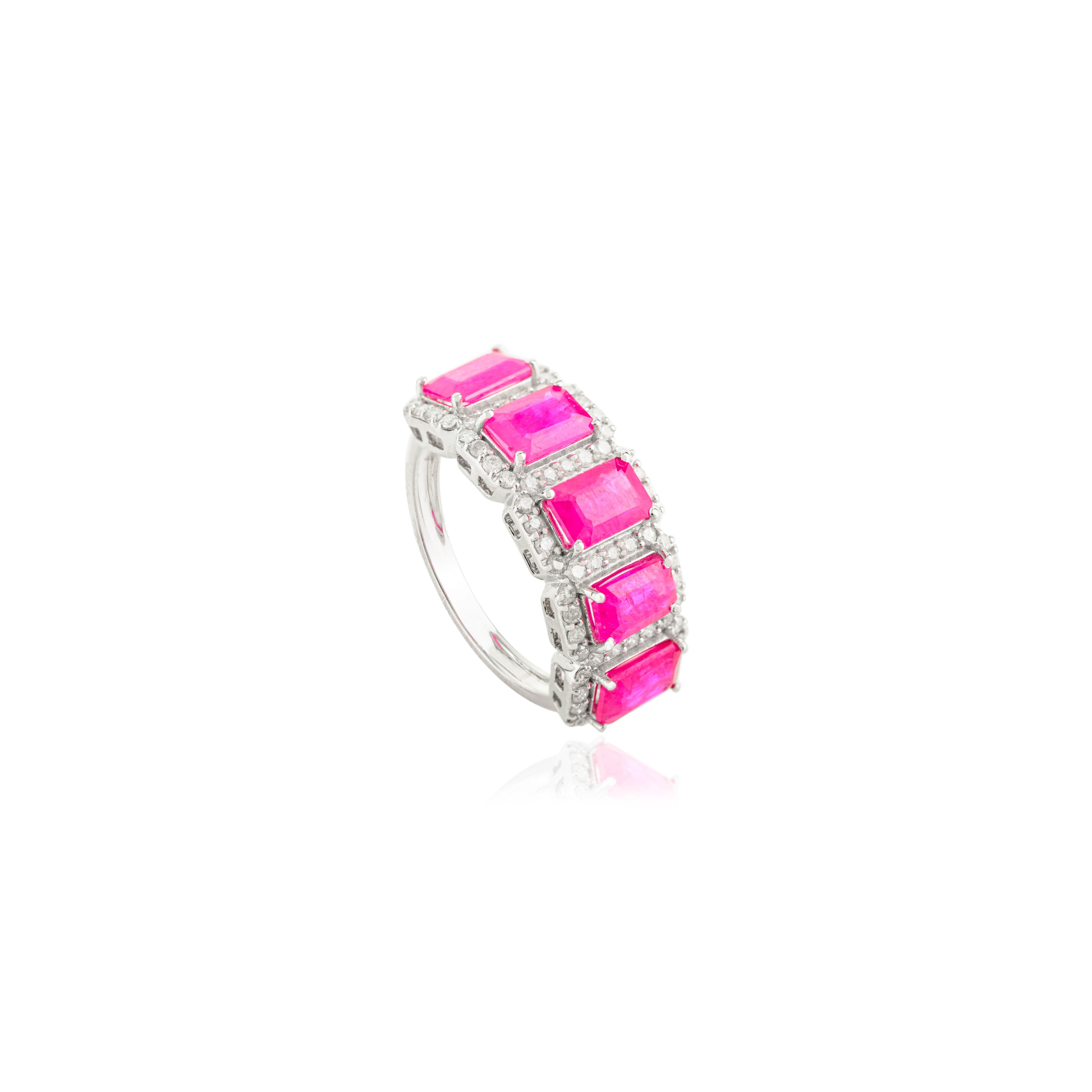 For Sale:  Art Deco Style Ruby Diamond Wedding Band Ring Gift for Her Set in 14k White Gold 11