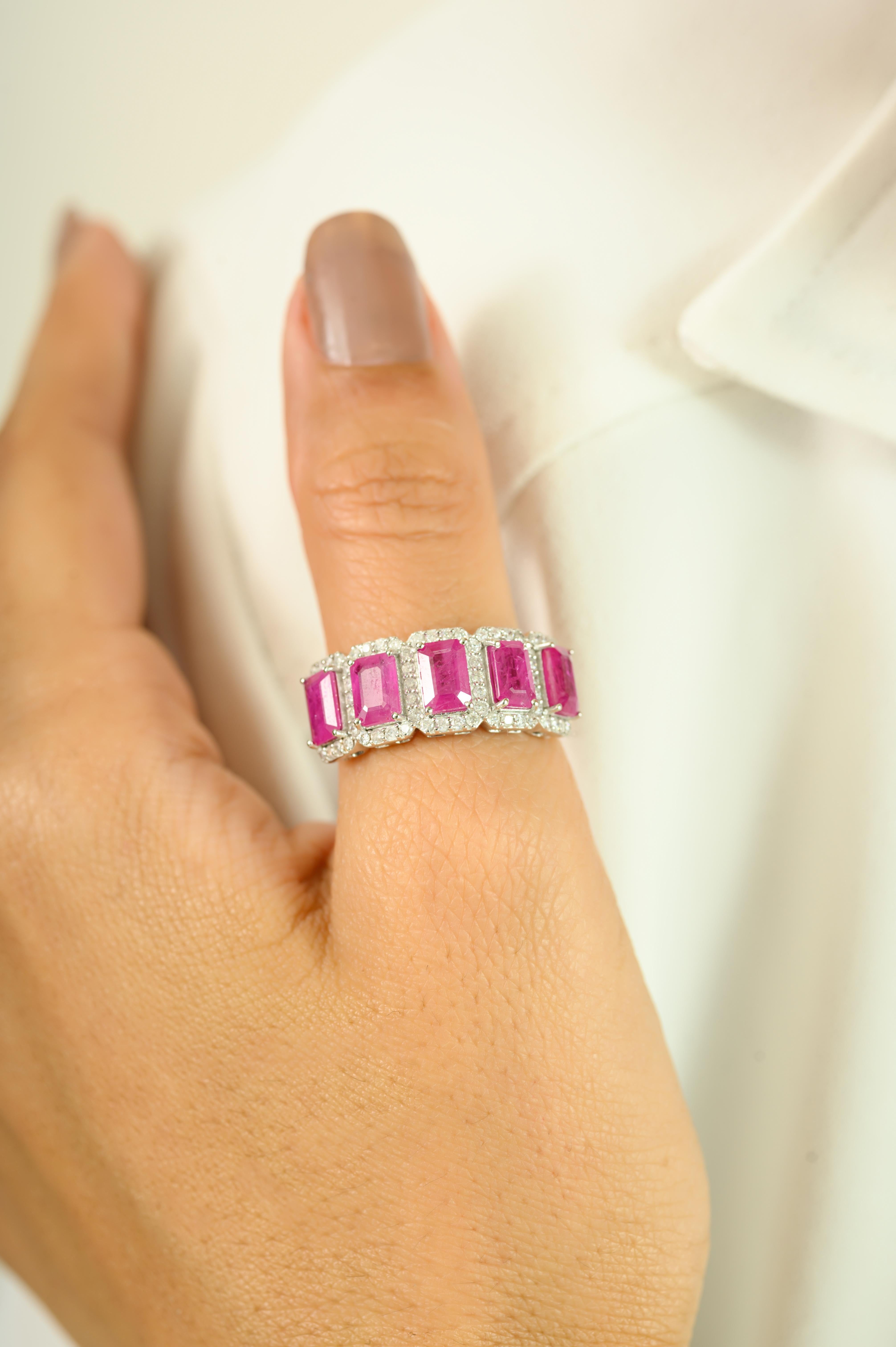 For Sale:  Art Deco Style Ruby Diamond Wedding Band Ring Gift for Her Set in 14k White Gold 12