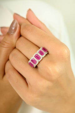 Art Deco Style Ruby Diamond Wedding Band Ring Gift for Her Set in 14k White Gold