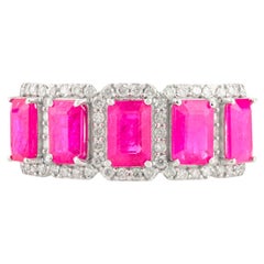 Art Deco Style Ruby Diamond Wedding Band Ring Gift for Her Set in 14k White Gold