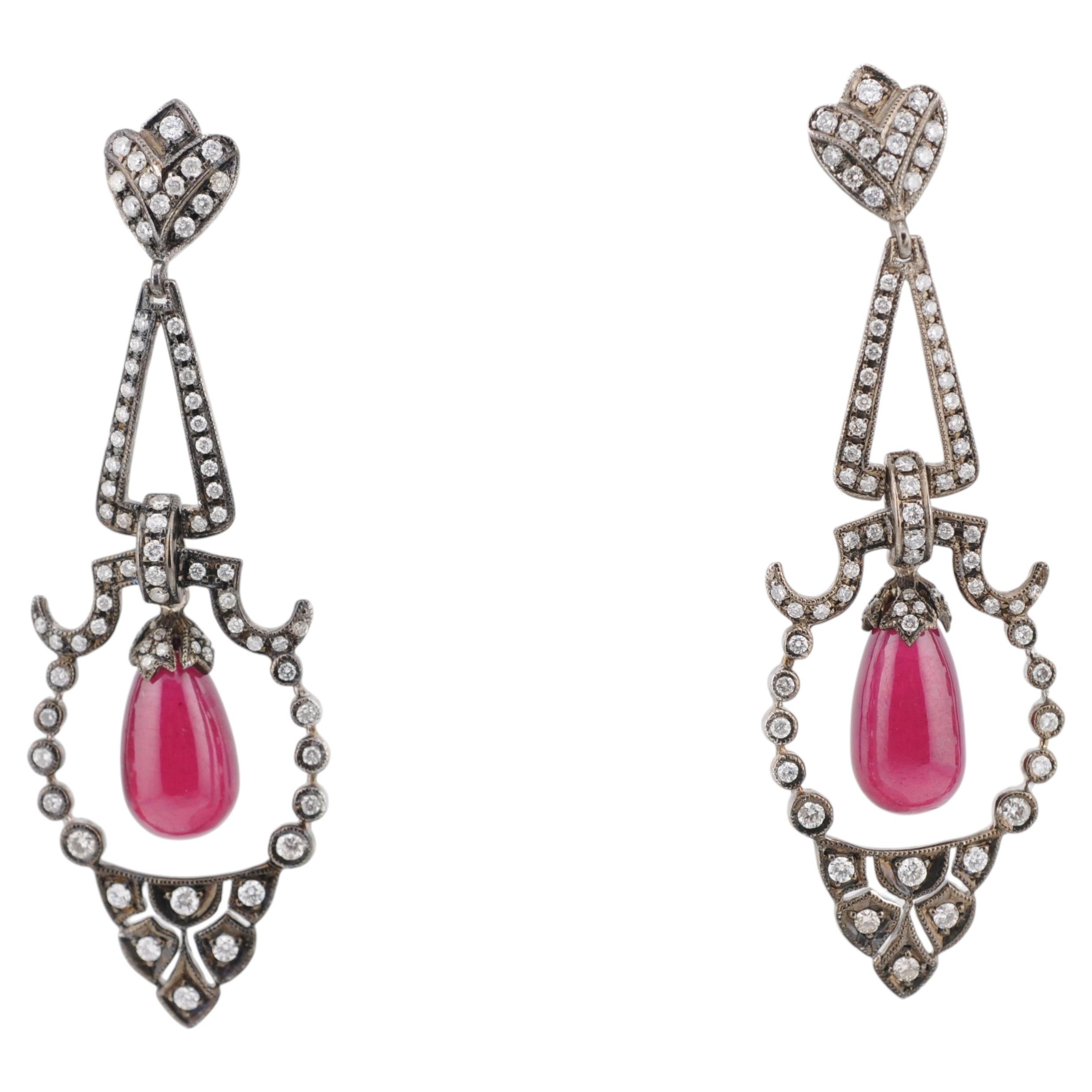 Art Deco Style Ruby Earrings in 9K Blackened Gold diamonds