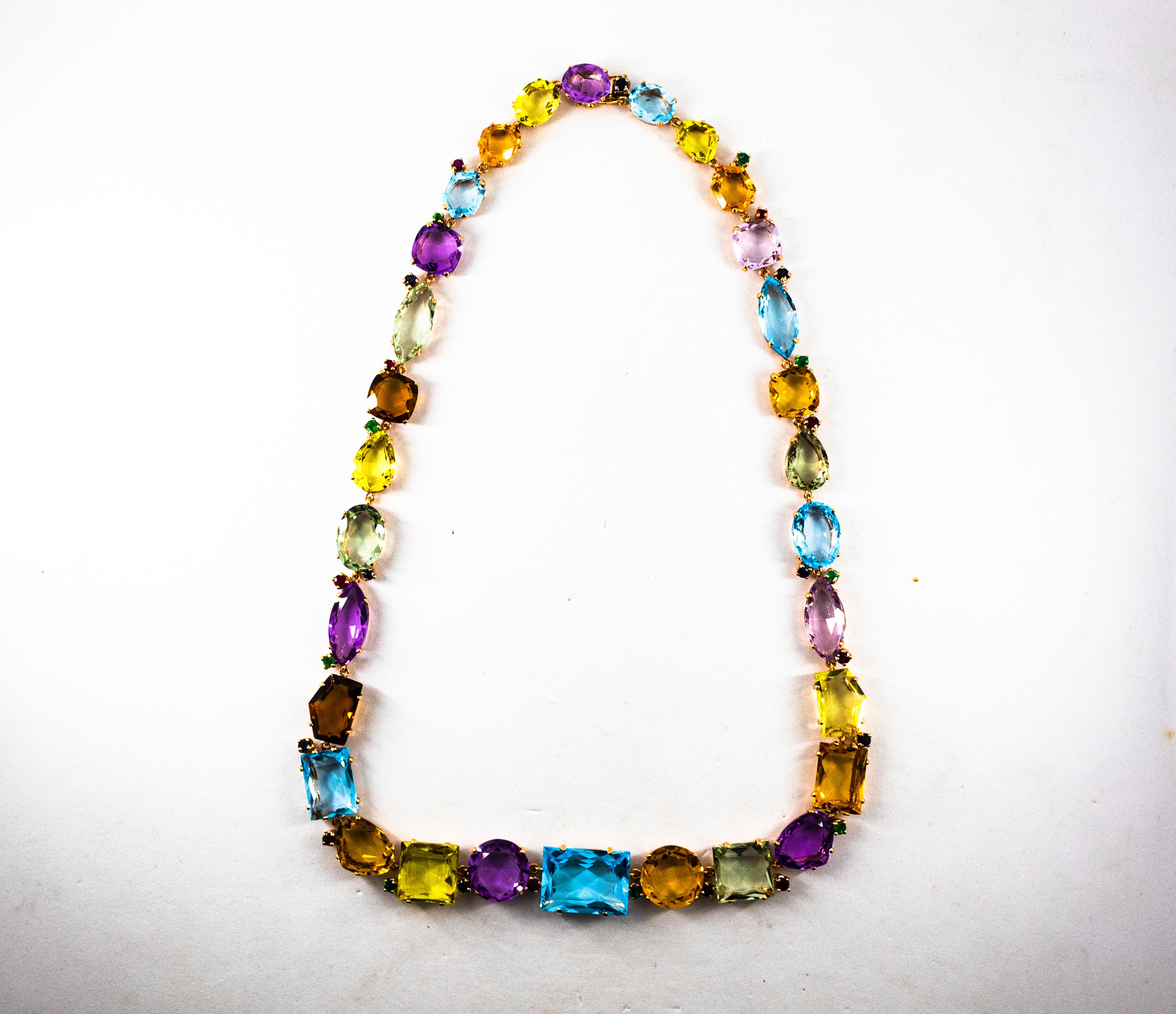 Collier en or jaune de style Art déco avec rubis, émeraudes, saphirs bleus, améthystes et citrine en vente 5