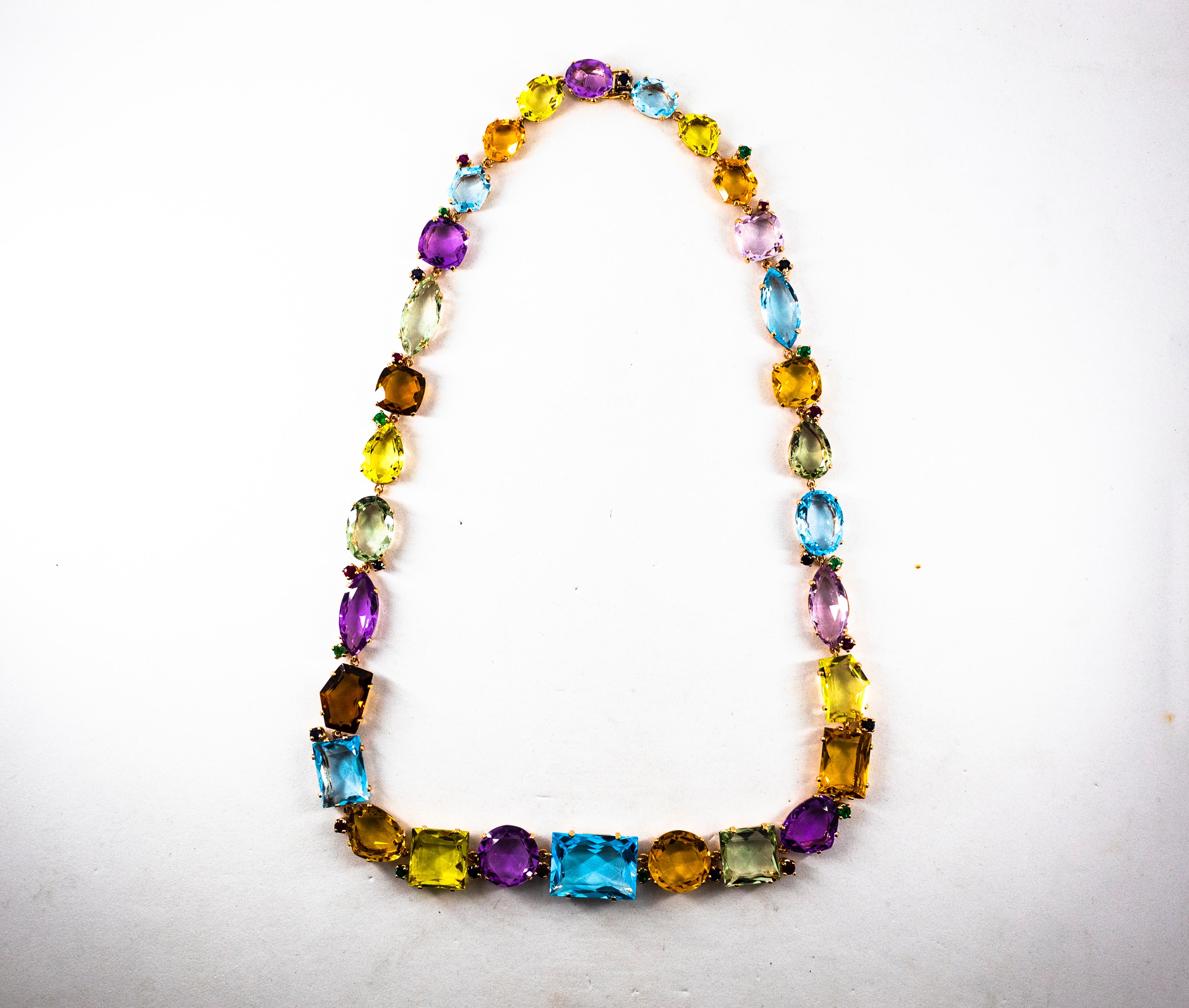 Collier en or jaune de style Art déco avec rubis, émeraudes, saphirs bleus, améthystes et citrine en vente 6
