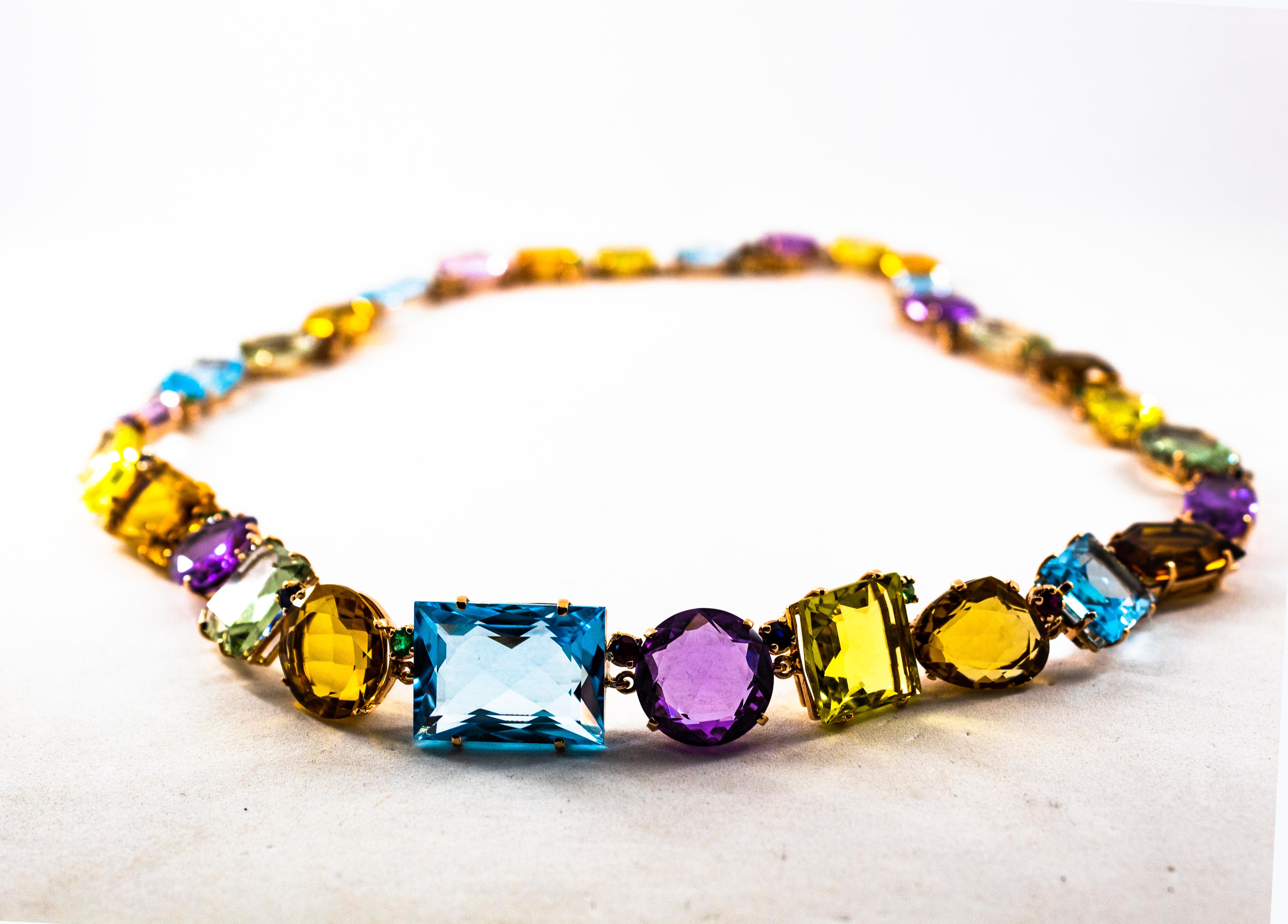 Collier en or jaune de style Art déco avec rubis, émeraudes, saphirs bleus, améthystes et citrine en vente 1