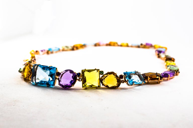 Art Deco Style Ruby Emerald Blue Sapphire Amethyst Citrine Yellow Gold Necklace For Sale 2