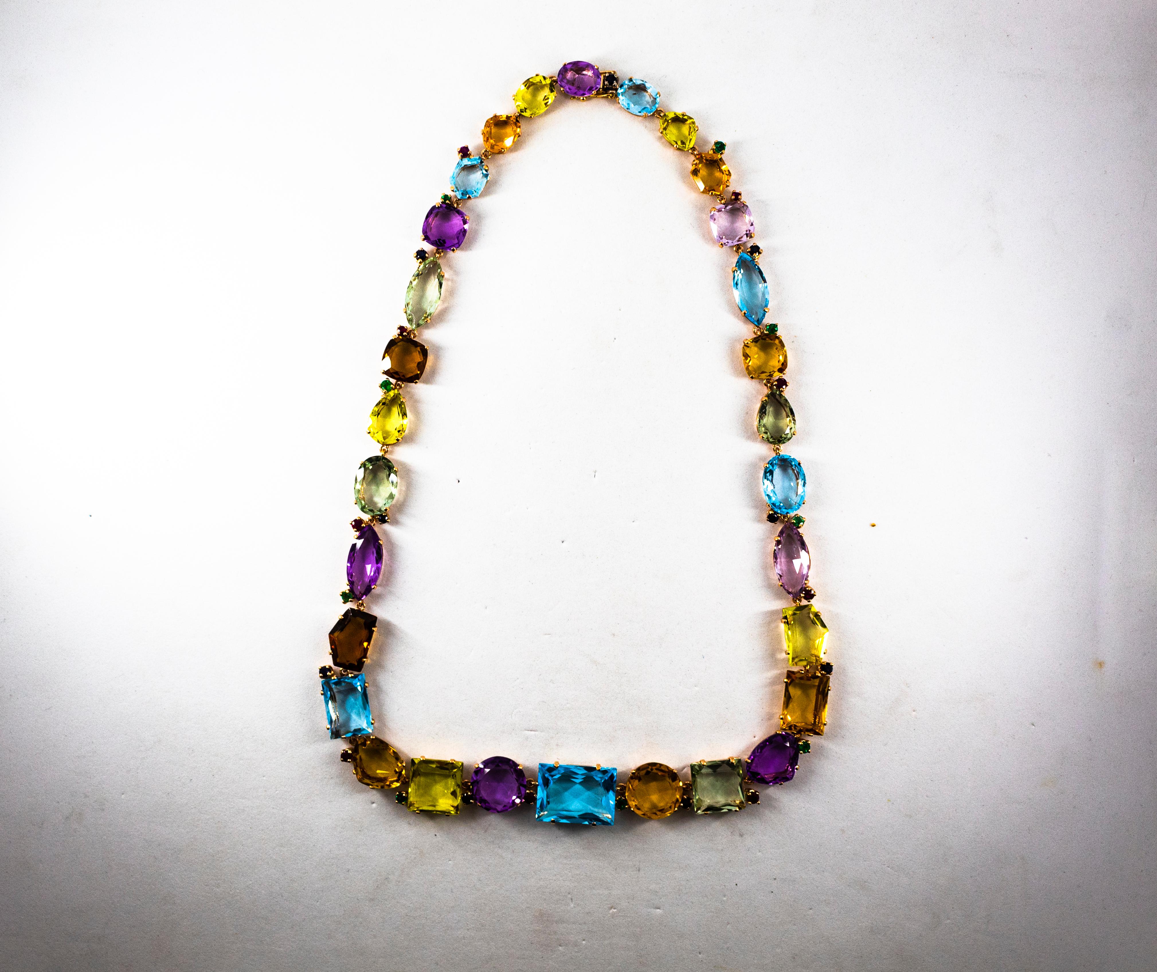 Collier en or jaune de style Art déco avec rubis, émeraudes, saphirs bleus, améthystes et citrine en vente 4
