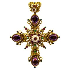 Art Deco Style Ruby Emerald Blue Sapphire Citrine Amethyst Pearl "Cross" Pendant