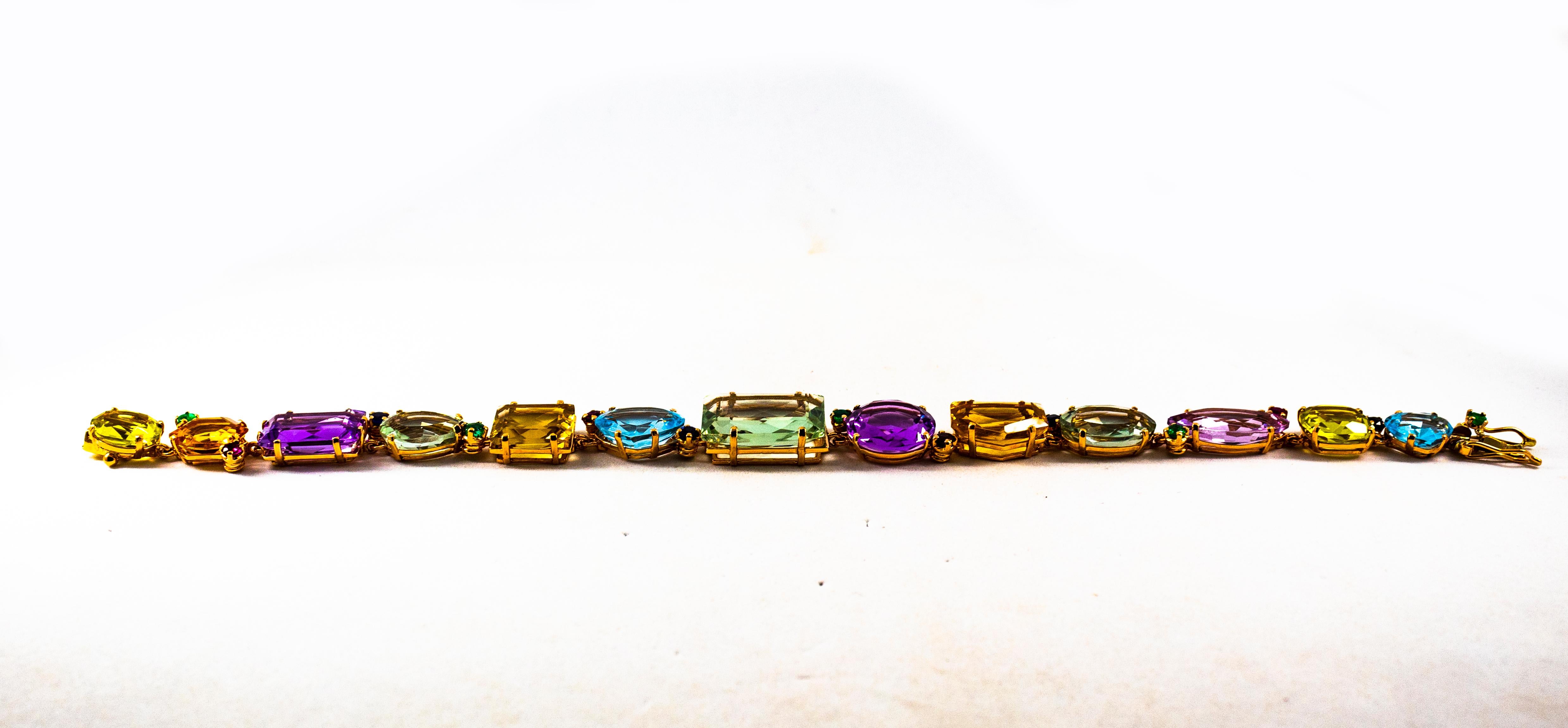 Mixed Cut Art Deco Style Ruby Emerald Sapphire Amethyst Citrine Topaz Yellow Gold Bracelet