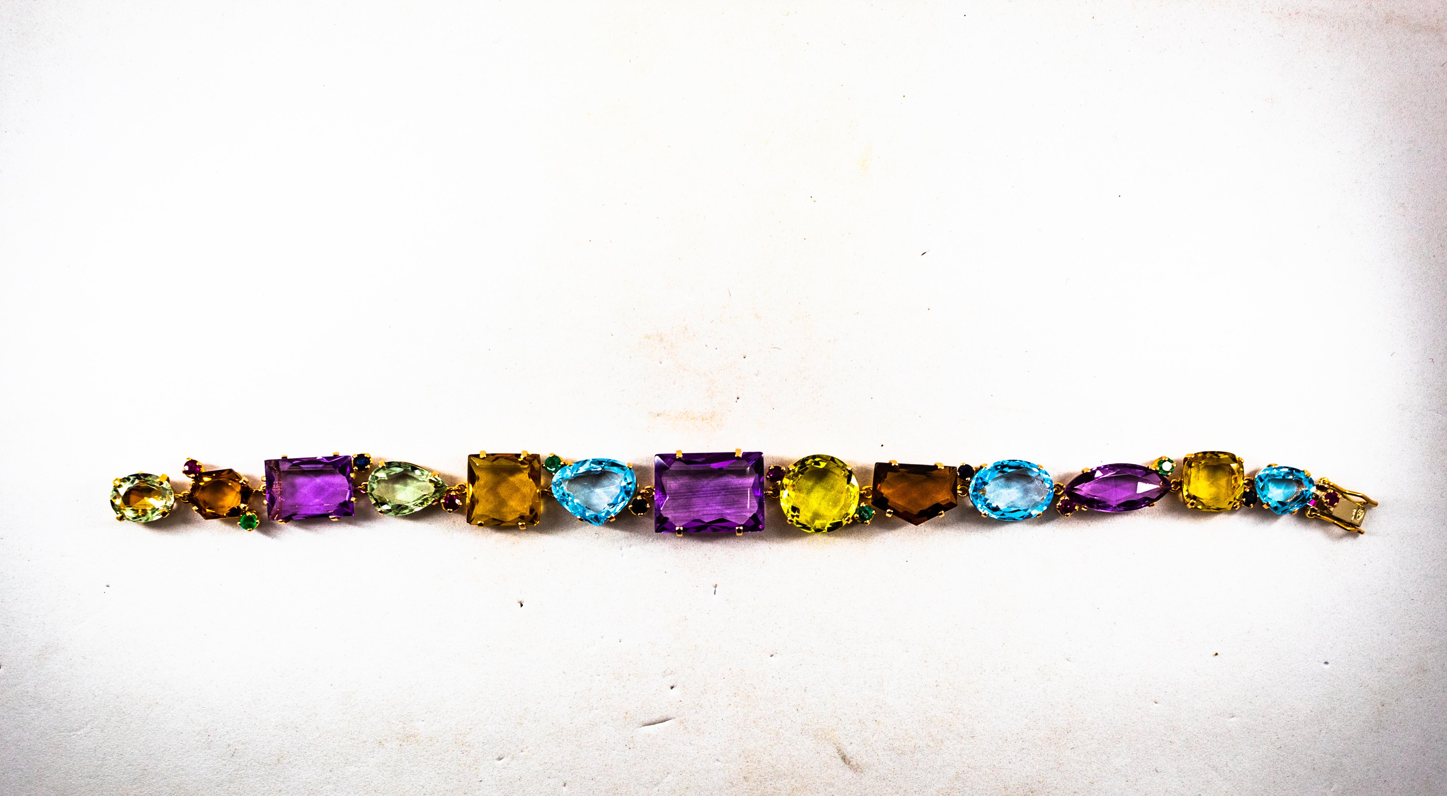 Art Deco Style Ruby Emerald Sapphire Amethyst Citrine Topaz Yellow Gold Bracelet In New Condition In Naples, IT