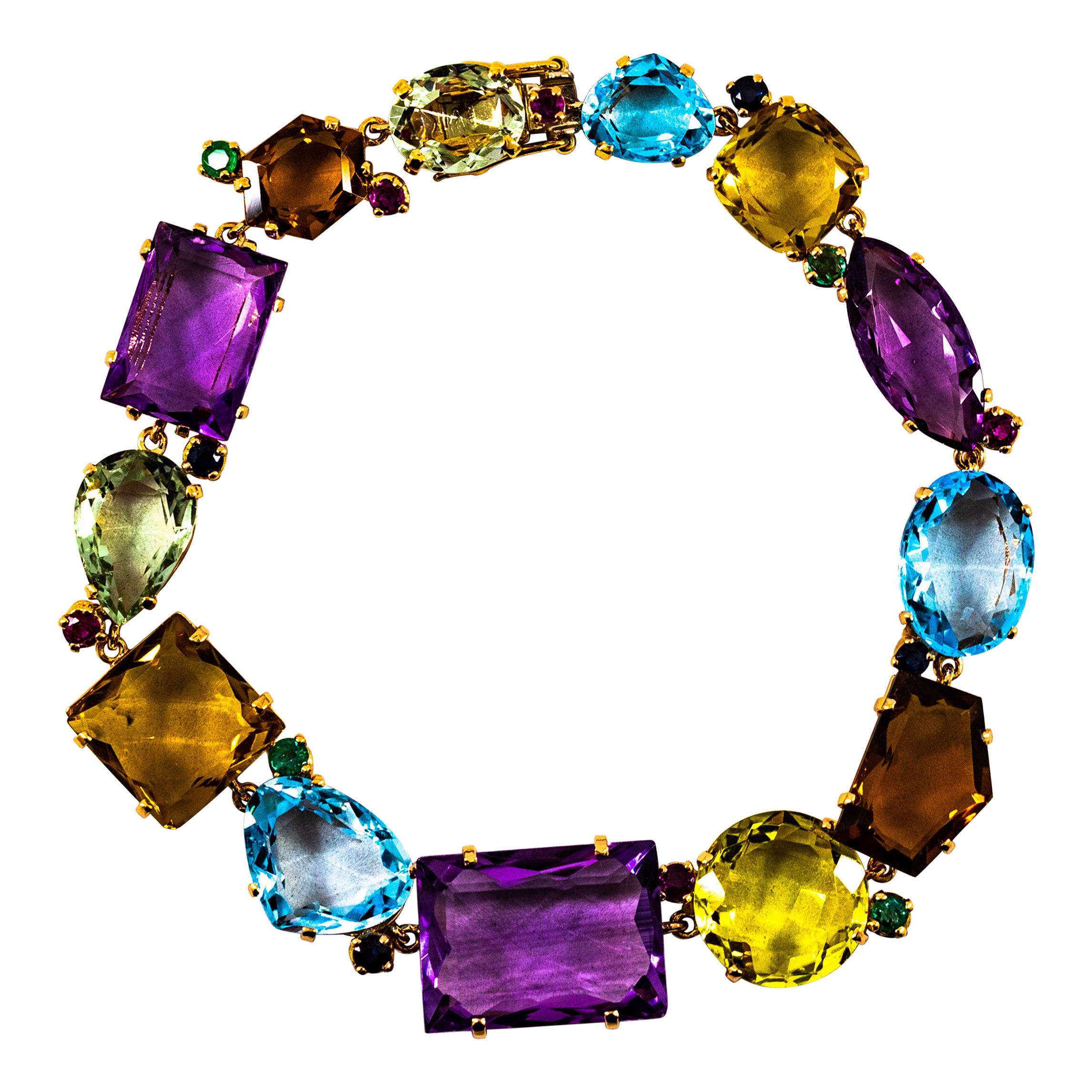 Art Deco Style Ruby Emerald Sapphire Amethyst Citrine Topaz Yellow Gold Bracelet