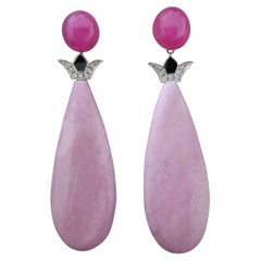 Art Deco Style Ruby Phosphosiderite Gold Diamonds Black Enamel Drop Earrings