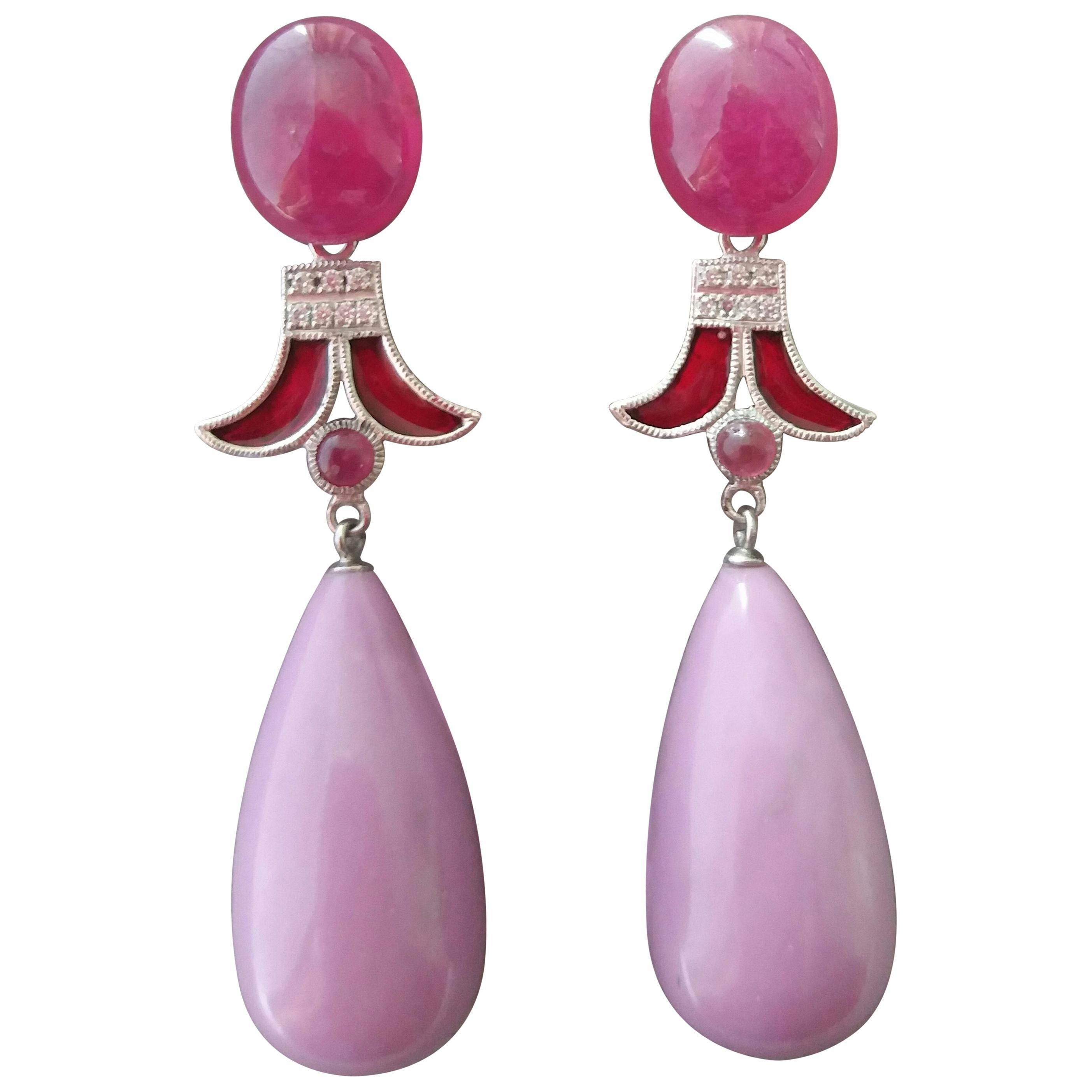 Art Deco Style Ruby Phosphosiderite 14K Gold Diamonds Red Enamel Dangle Earrings For Sale