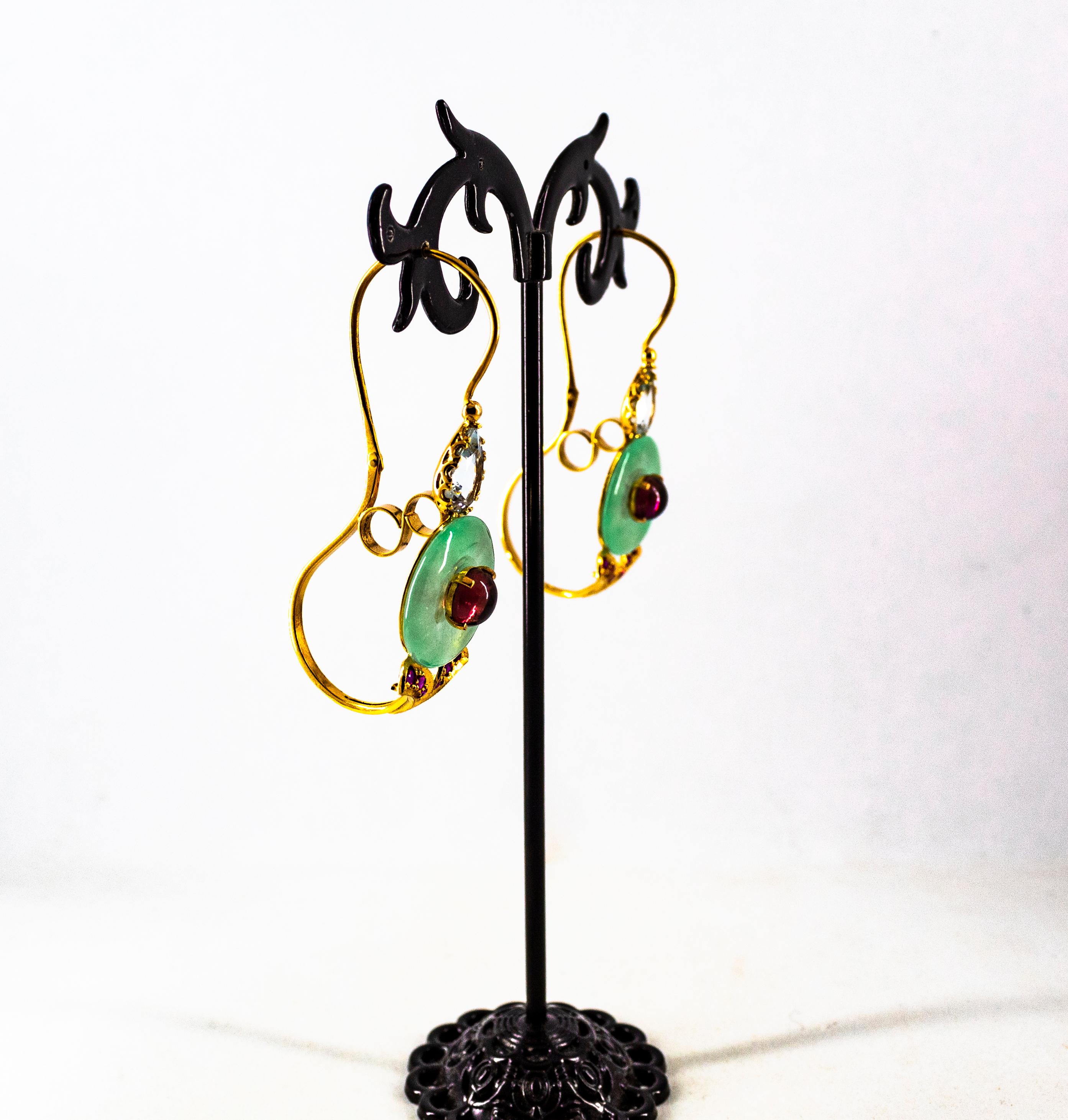 Ohrringe im Art-Déco-Stil mit Klappbrisur aus Gelbgold mit Rubin, Turmalin, Jade und Aquamarin und Gelbgold im Angebot 4