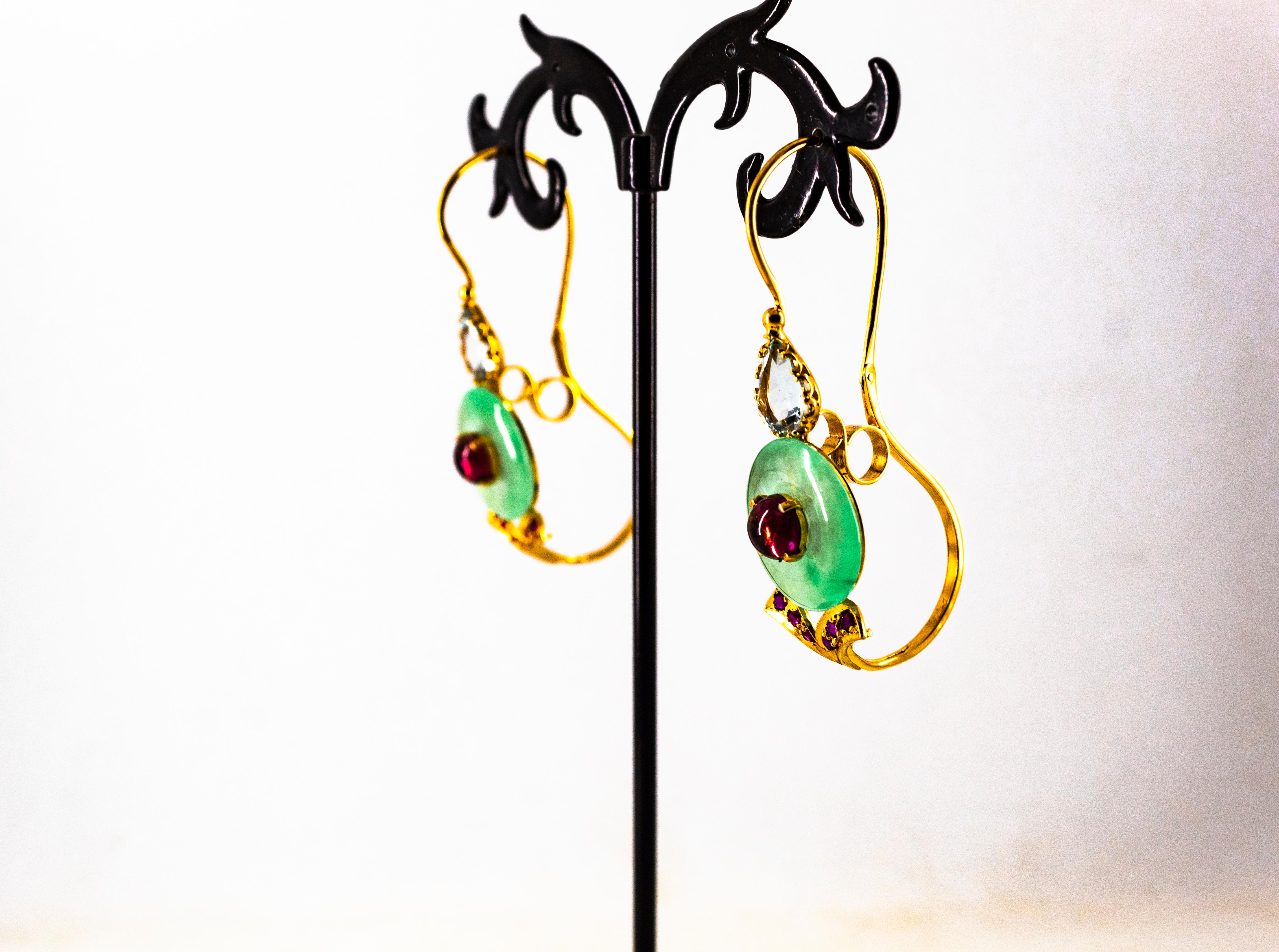 Art Deco Style Ruby Tourmaline Jade Aquamarine Yellow Gold Lever-Back Earrings en vente 7