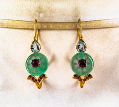 Art Deco Style Ruby Tourmaline Jade Aquamarine Yellow Gold Lever-Back Earrings