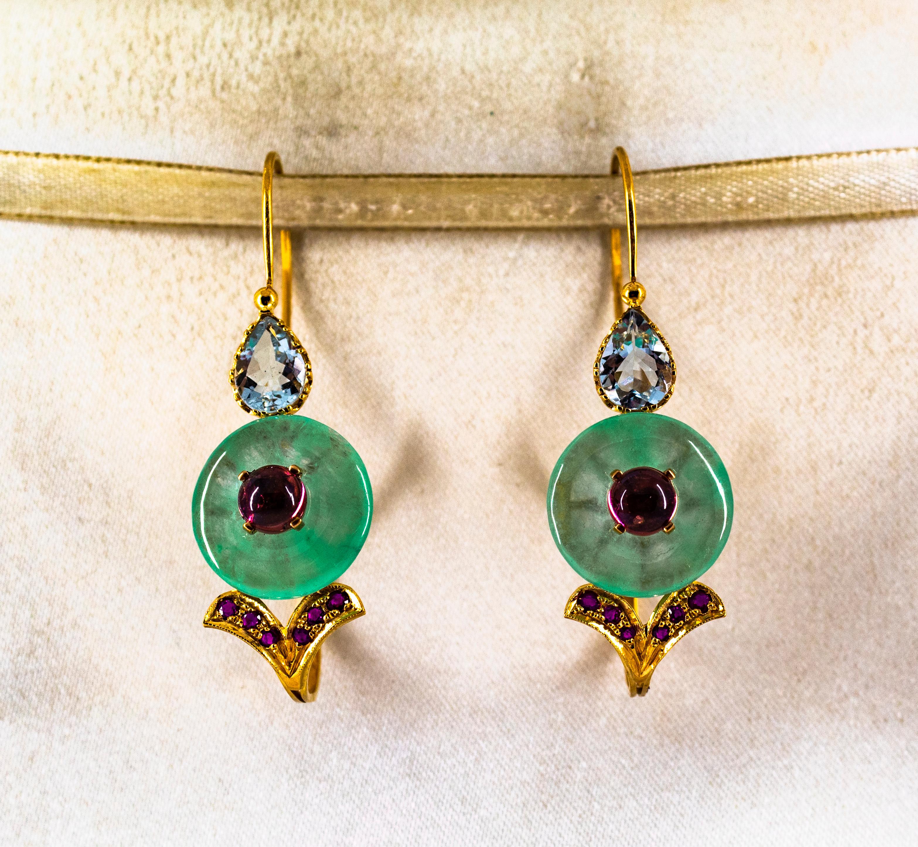 Cabochon Art Deco Style Ruby Tourmaline Jade Aquamarine Yellow Gold Lever-Back Earrings For Sale