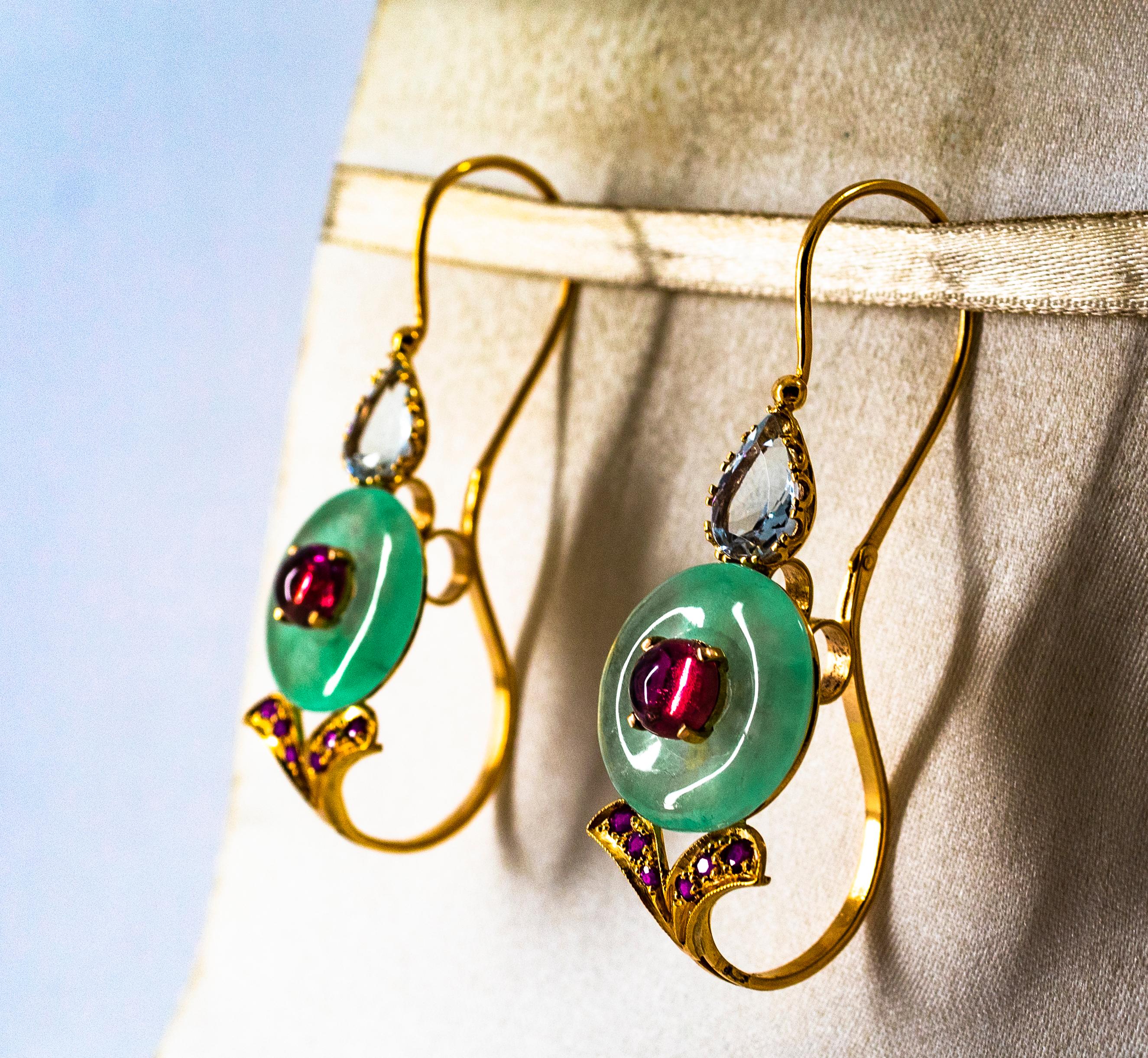 Art Deco Style Ruby Tourmaline Jade Aquamarine Yellow Gold Lever-Back Earrings Unisexe en vente
