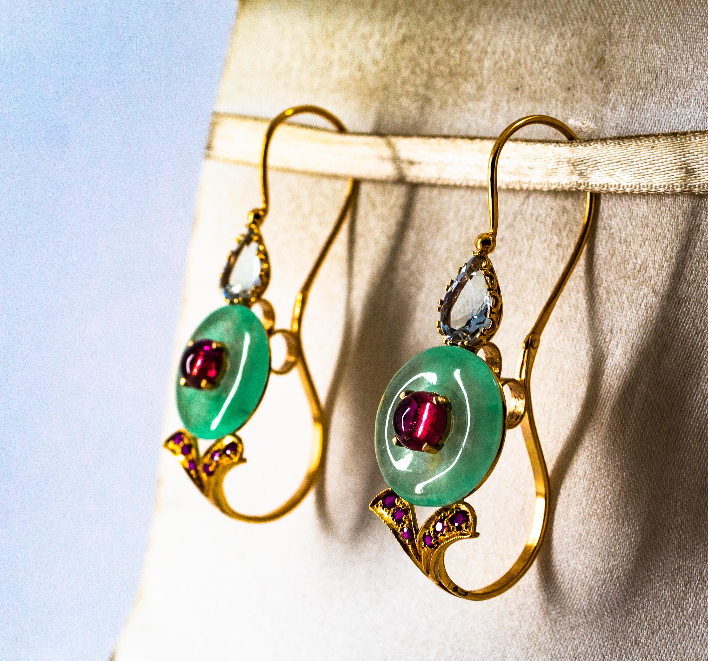Art Deco Style Ruby Tourmaline Jade Aquamarine Yellow Gold Lever-Back Earrings For Sale 2