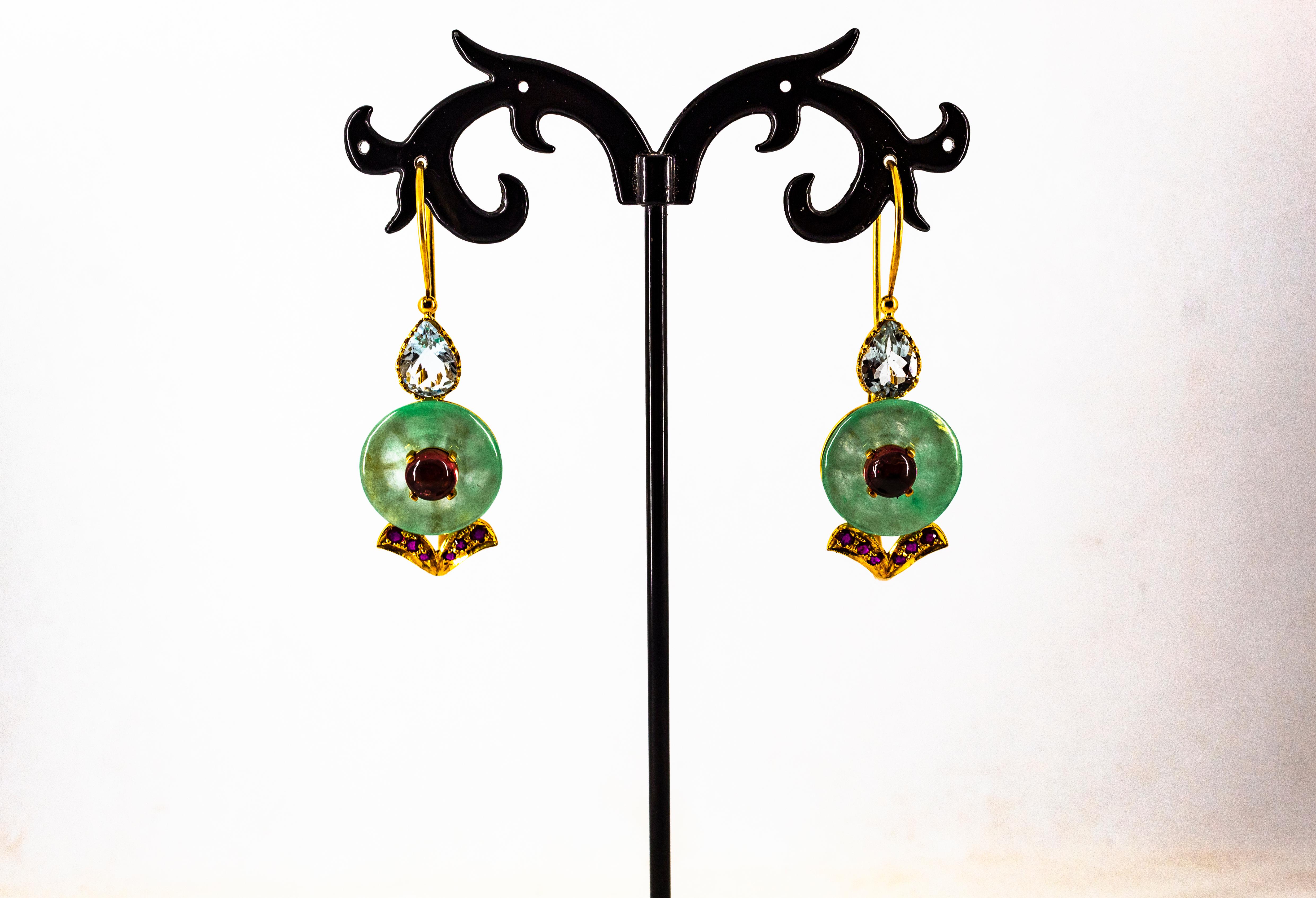 Art Deco Style Ruby Tourmaline Jade Aquamarine Yellow Gold Lever-Back Earrings For Sale 3