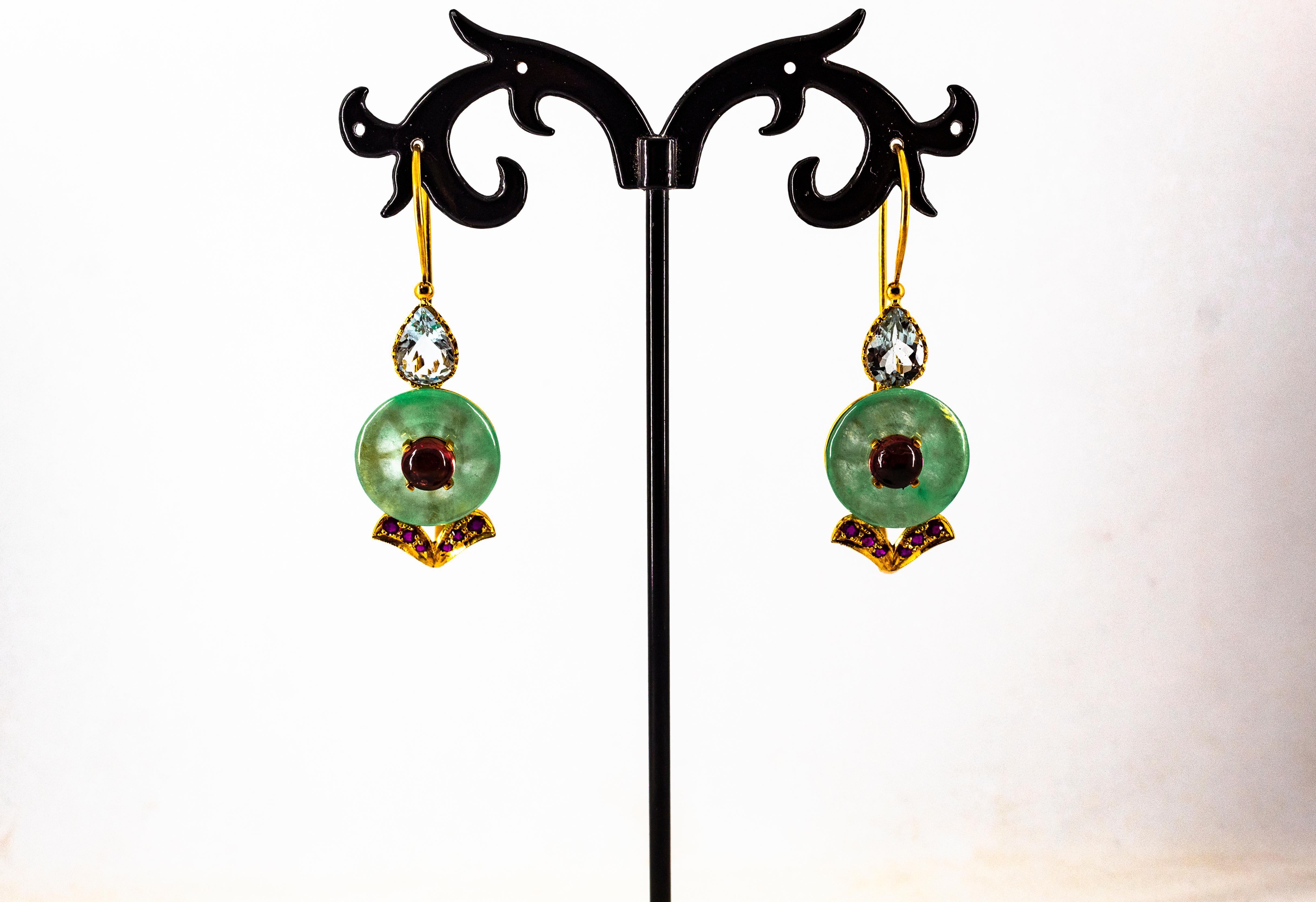 Art Deco Style Ruby Tourmaline Jade Aquamarine Yellow Gold Lever-Back Earrings For Sale 4