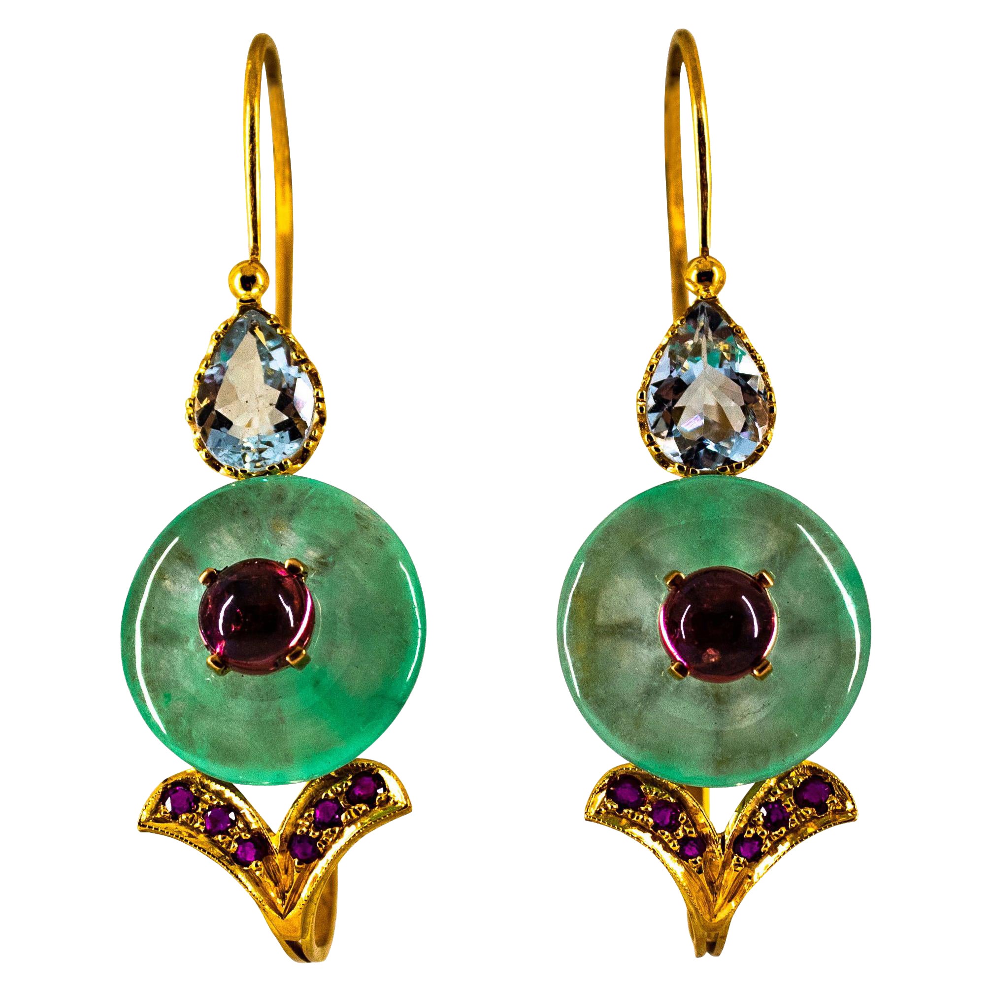 Art Deco Style Ruby Tourmaline Jade Aquamarine Yellow Gold Lever-Back Earrings For Sale