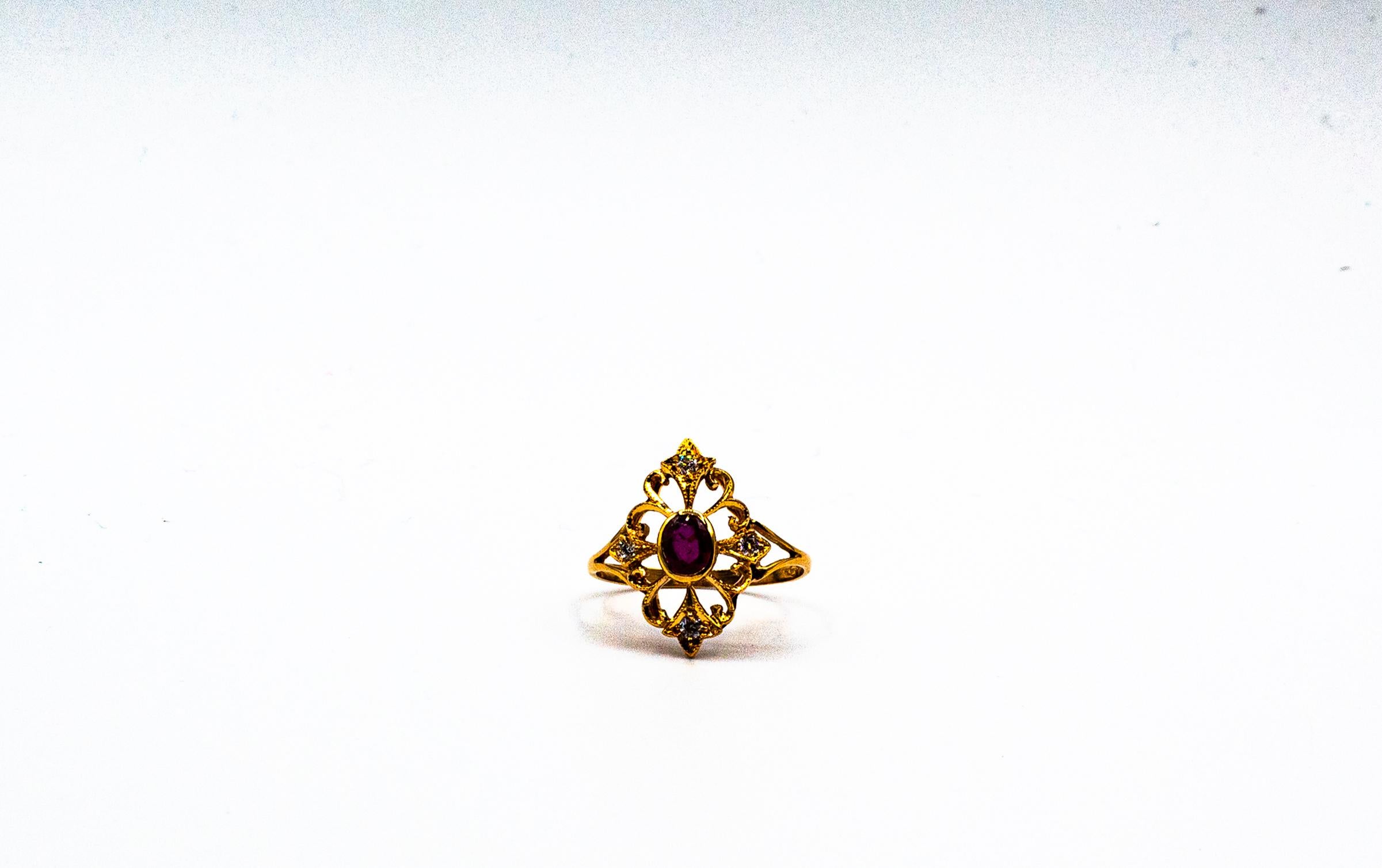 Anillo de cóctel de oro amarillo con diamantes talla brillante y rubí estilo Art Déco 4