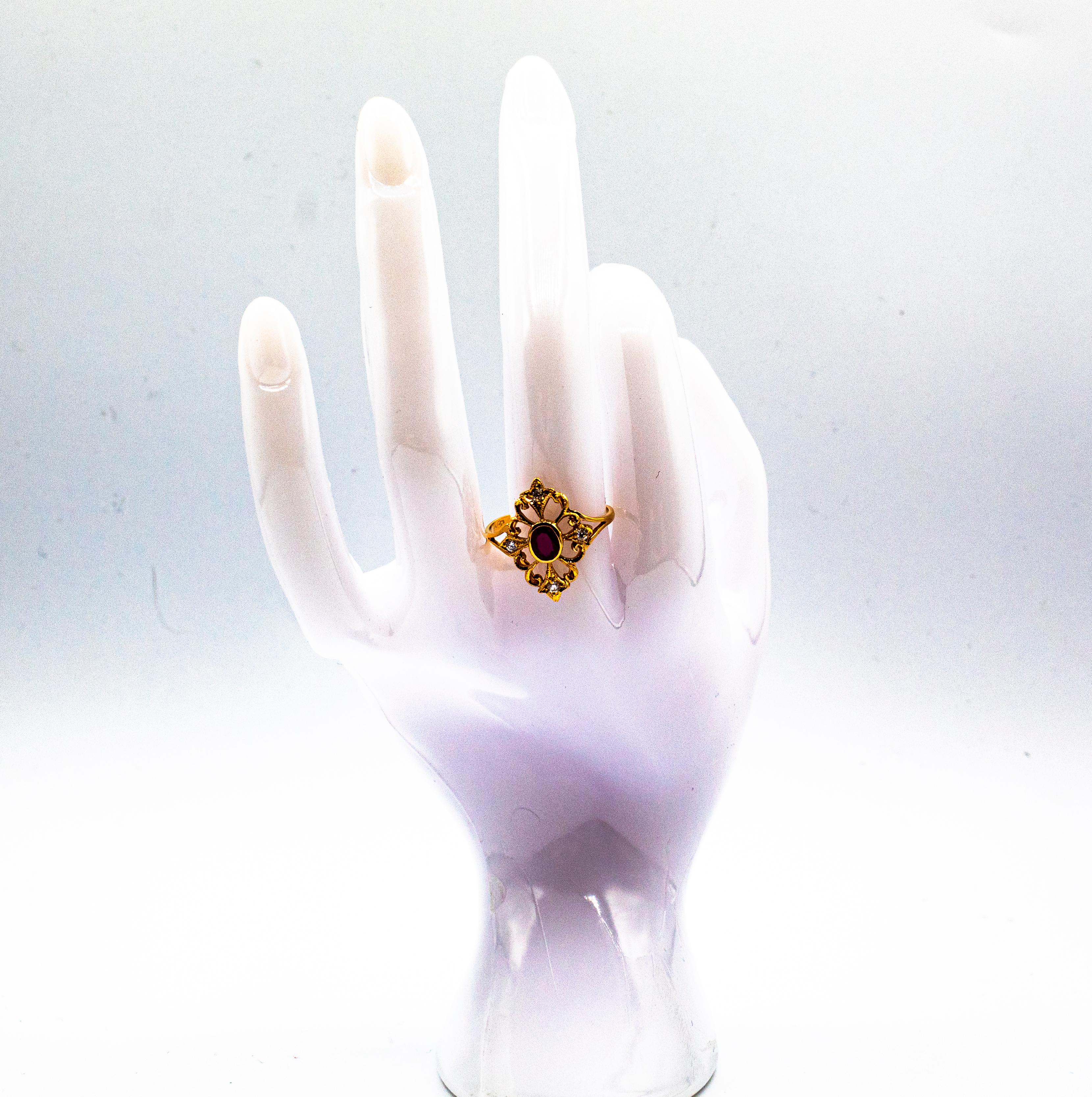 Anillo de cóctel de oro amarillo con diamantes talla brillante y rubí estilo Art Déco 7