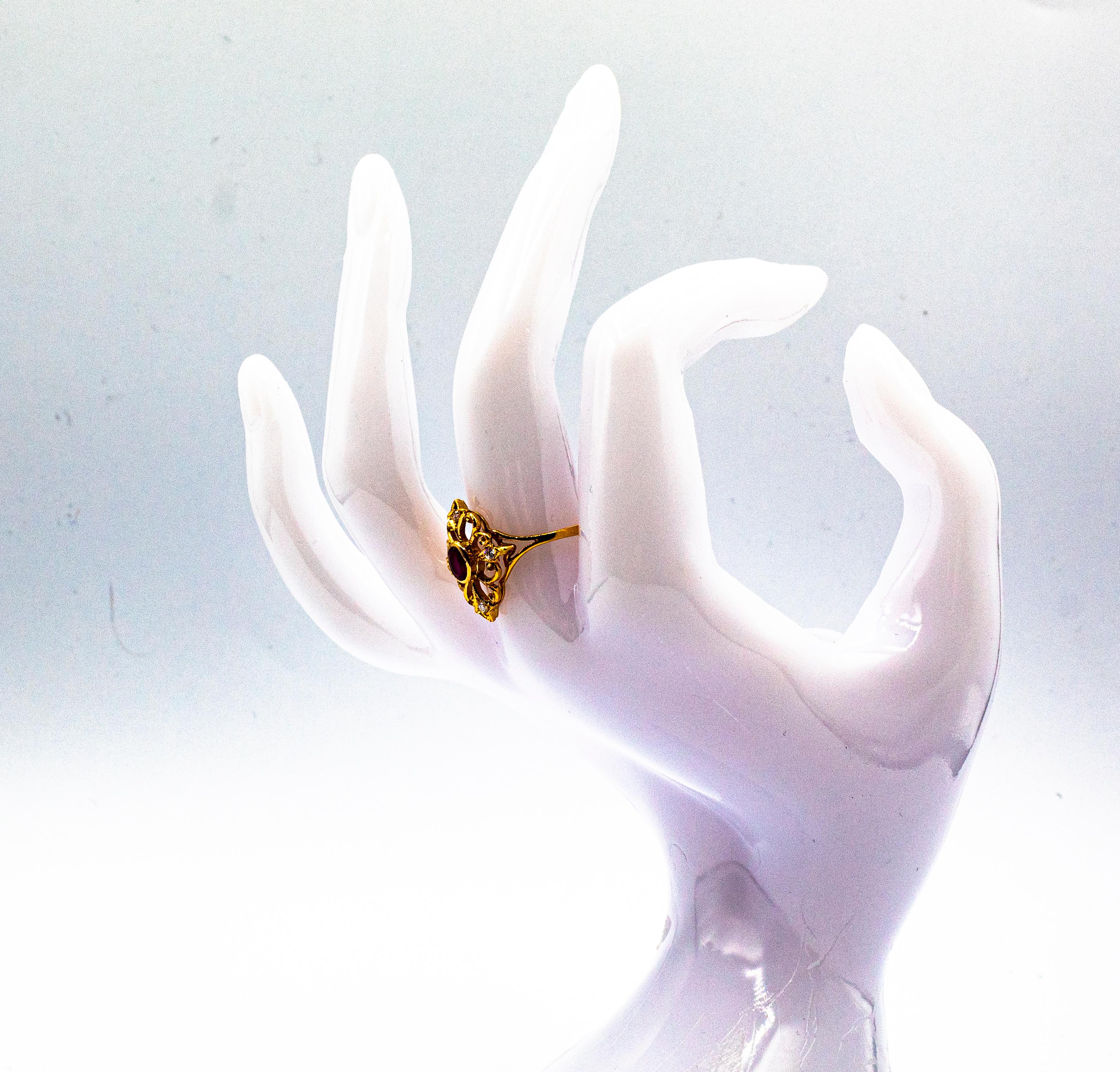 Anillo de cóctel de oro amarillo con diamantes talla brillante y rubí estilo Art Déco 8