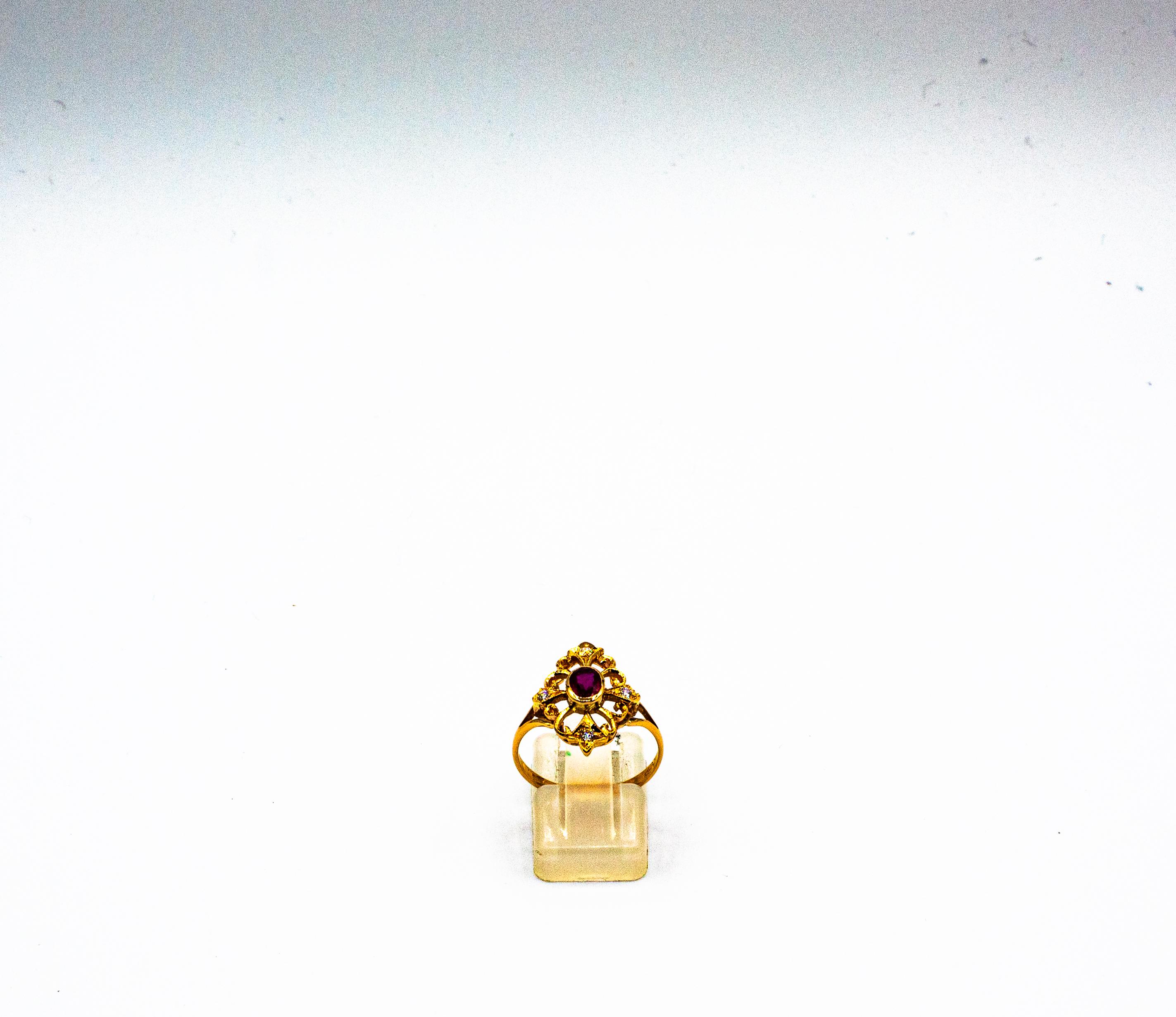 Art Deco Style Ruby White Brilliant Cut Diamond Yellow Gold Cocktail Ring In New Condition In Naples, IT