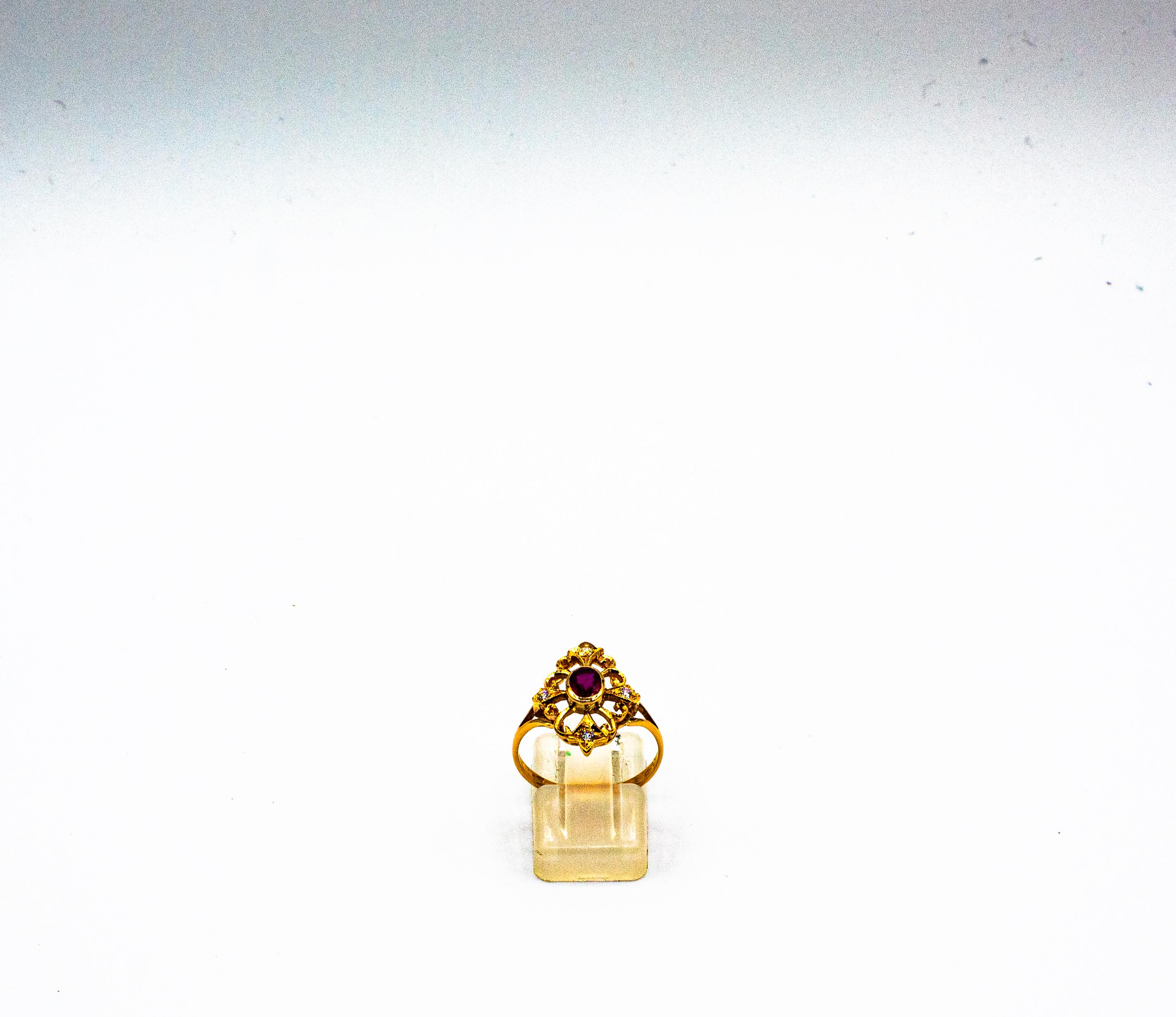 Anillo de cóctel de oro amarillo con diamantes talla brillante y rubí estilo Art Déco Art Decó