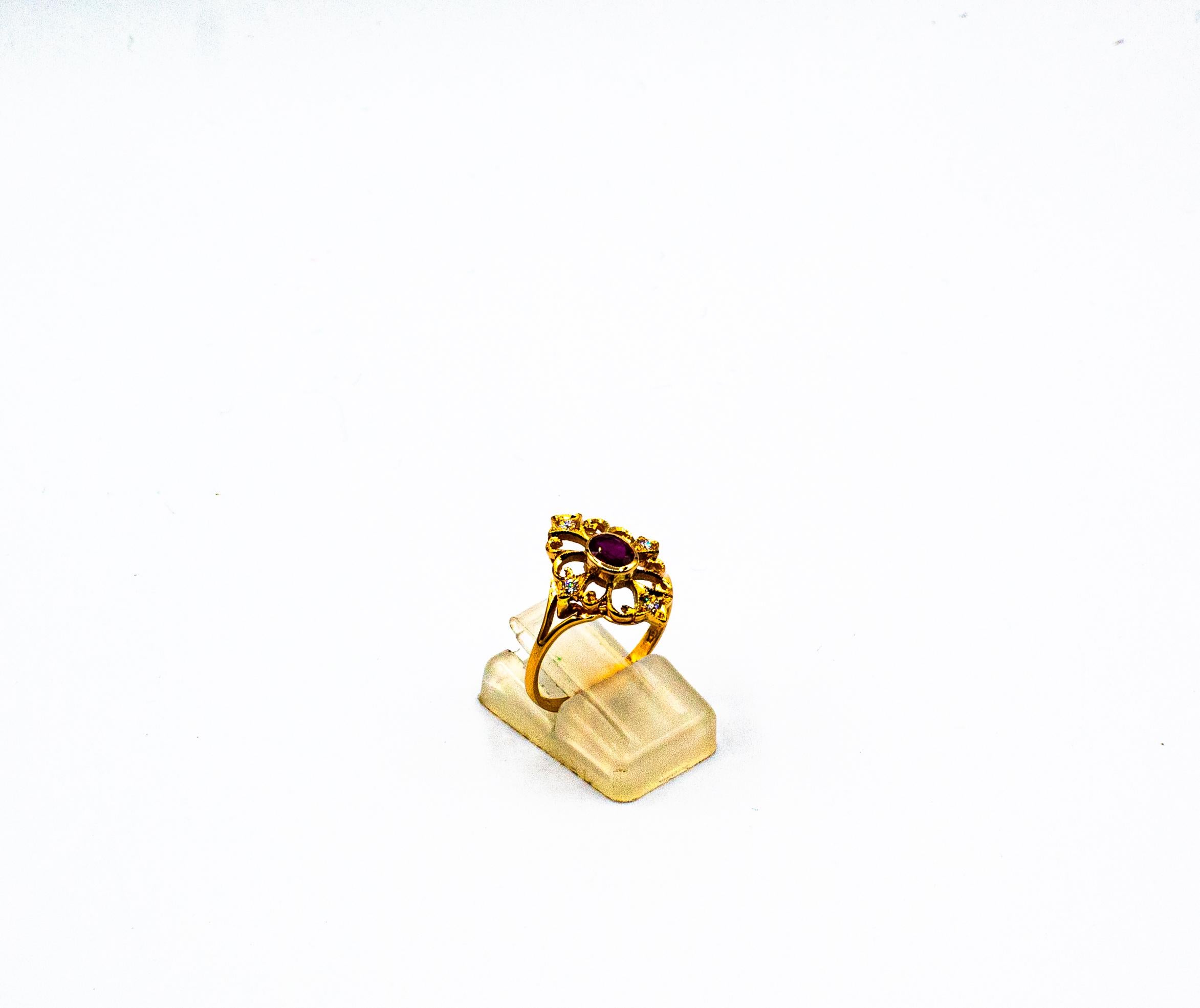 Anillo de cóctel de oro amarillo con diamantes talla brillante y rubí estilo Art Déco Corte brillante