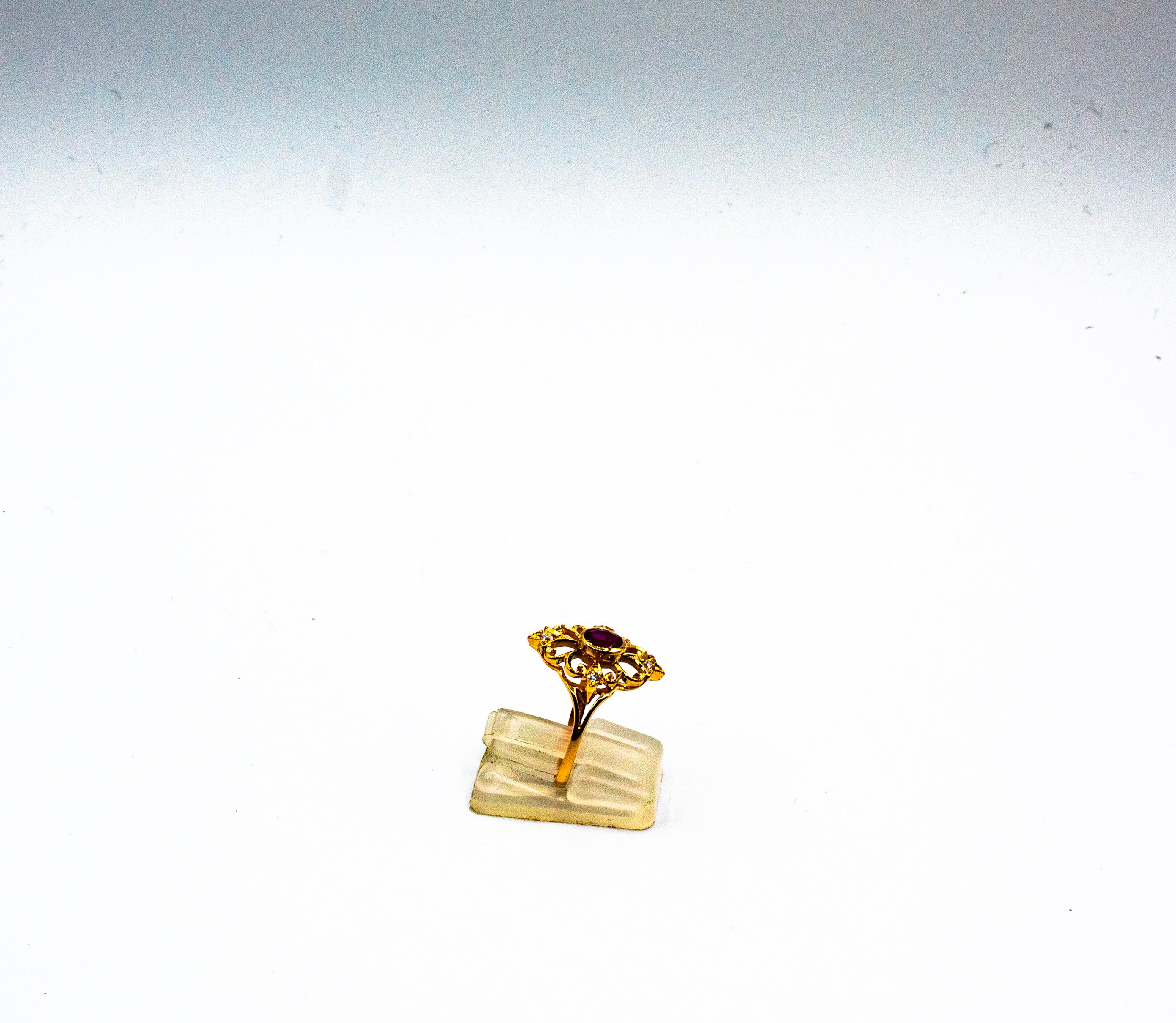 Anillo de cóctel de oro amarillo con diamantes talla brillante y rubí estilo Art Déco en Nuevo Estado en Naples, IT