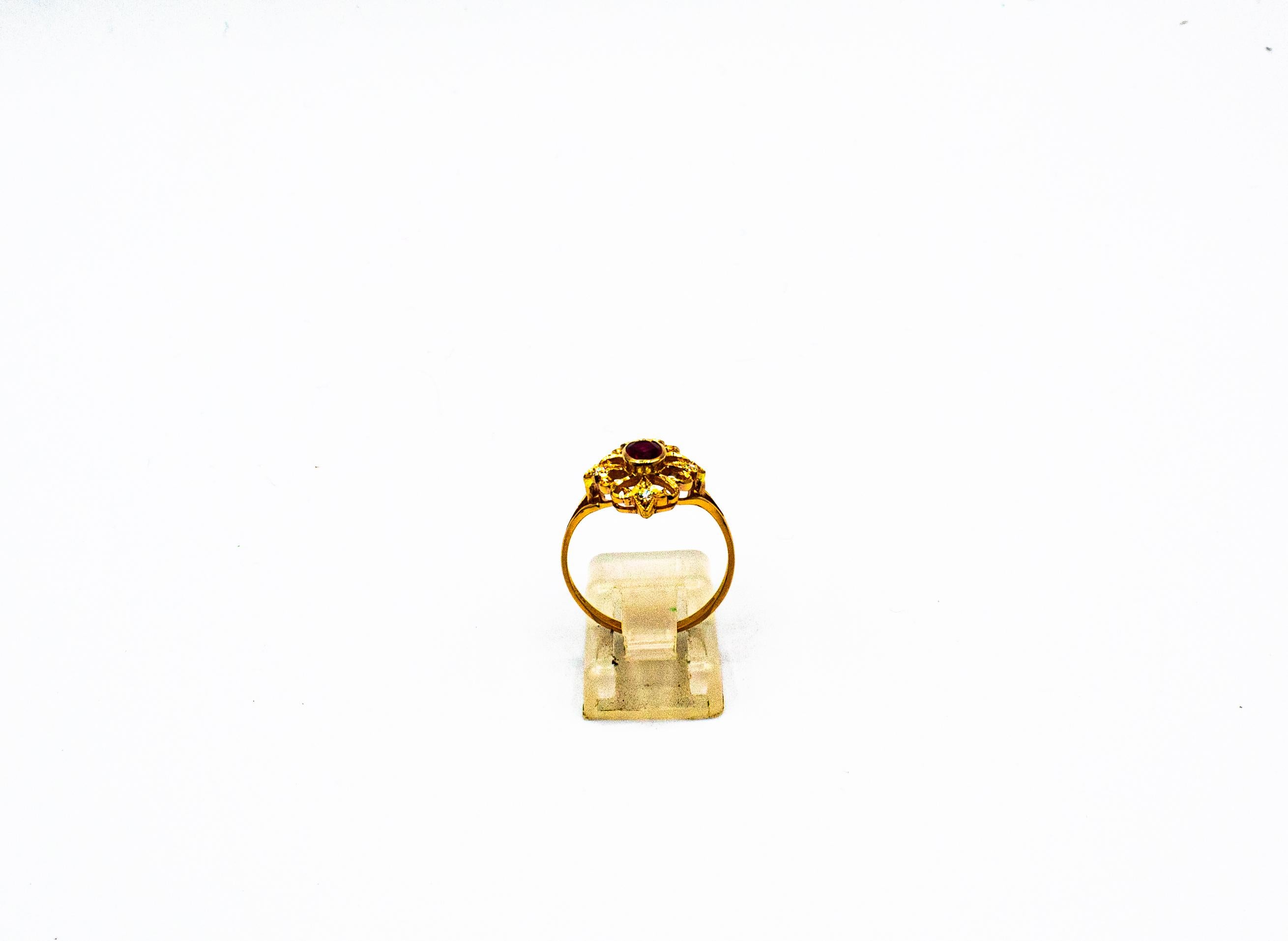 Femenino o masculino Anillo de cóctel de oro amarillo con diamantes talla brillante y rubí estilo Art Déco