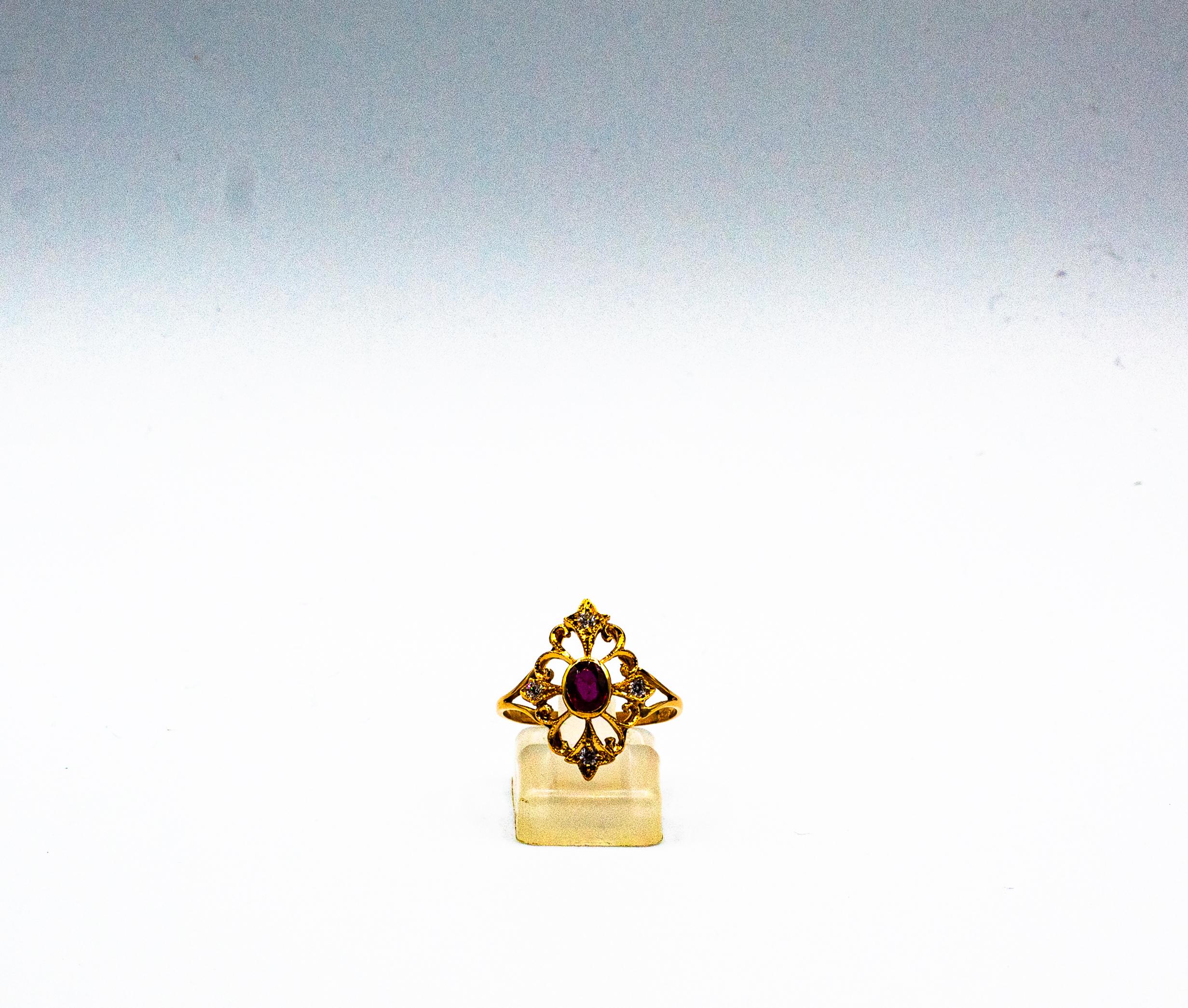Anillo de cóctel de oro amarillo con diamantes talla brillante y rubí estilo Art Déco 2
