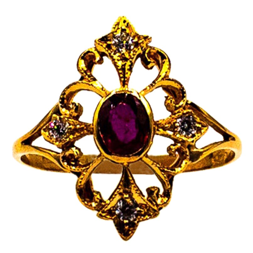 Anillo de cóctel de oro amarillo con diamantes talla brillante y rubí estilo Art Déco