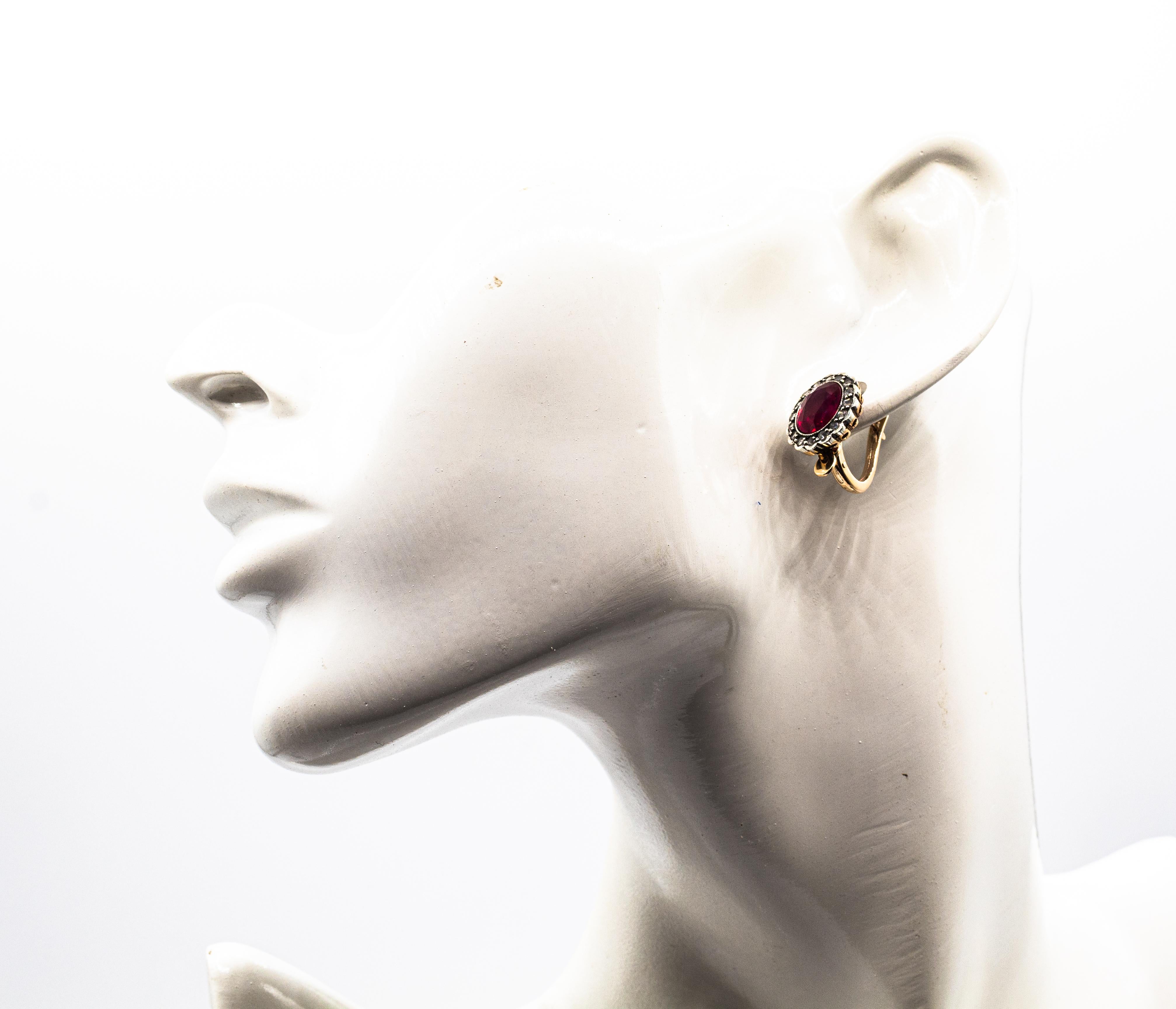 Boucles d'oreilles à levier de style Art déco en or jaune avec rubis et diamants blancs taille rose en vente 5