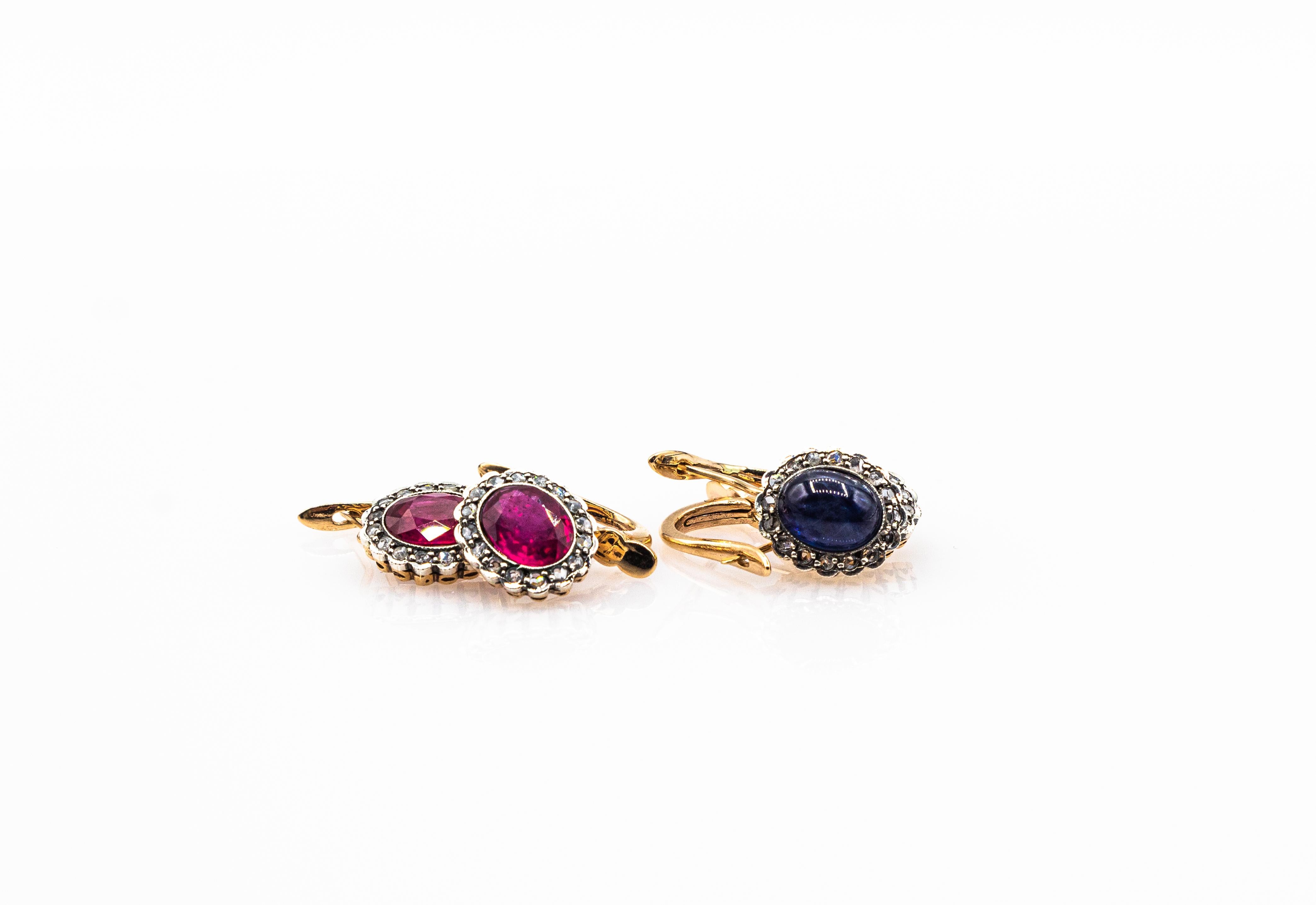 Taille rose Boucles d'oreilles à levier de style Art déco en or jaune avec rubis et diamants blancs taille rose en vente