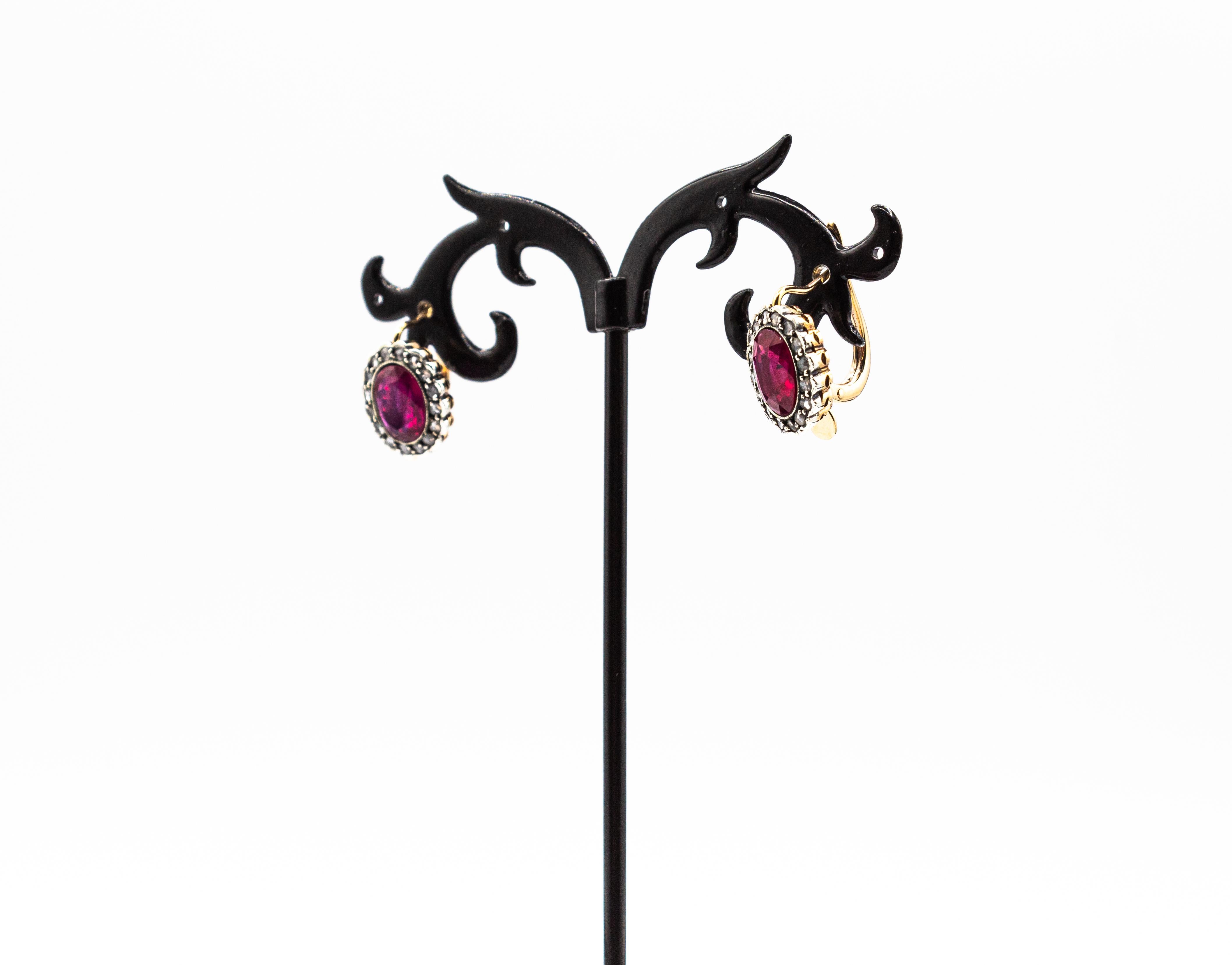 Boucles d'oreilles à levier de style Art déco en or jaune avec rubis et diamants blancs taille rose en vente 1