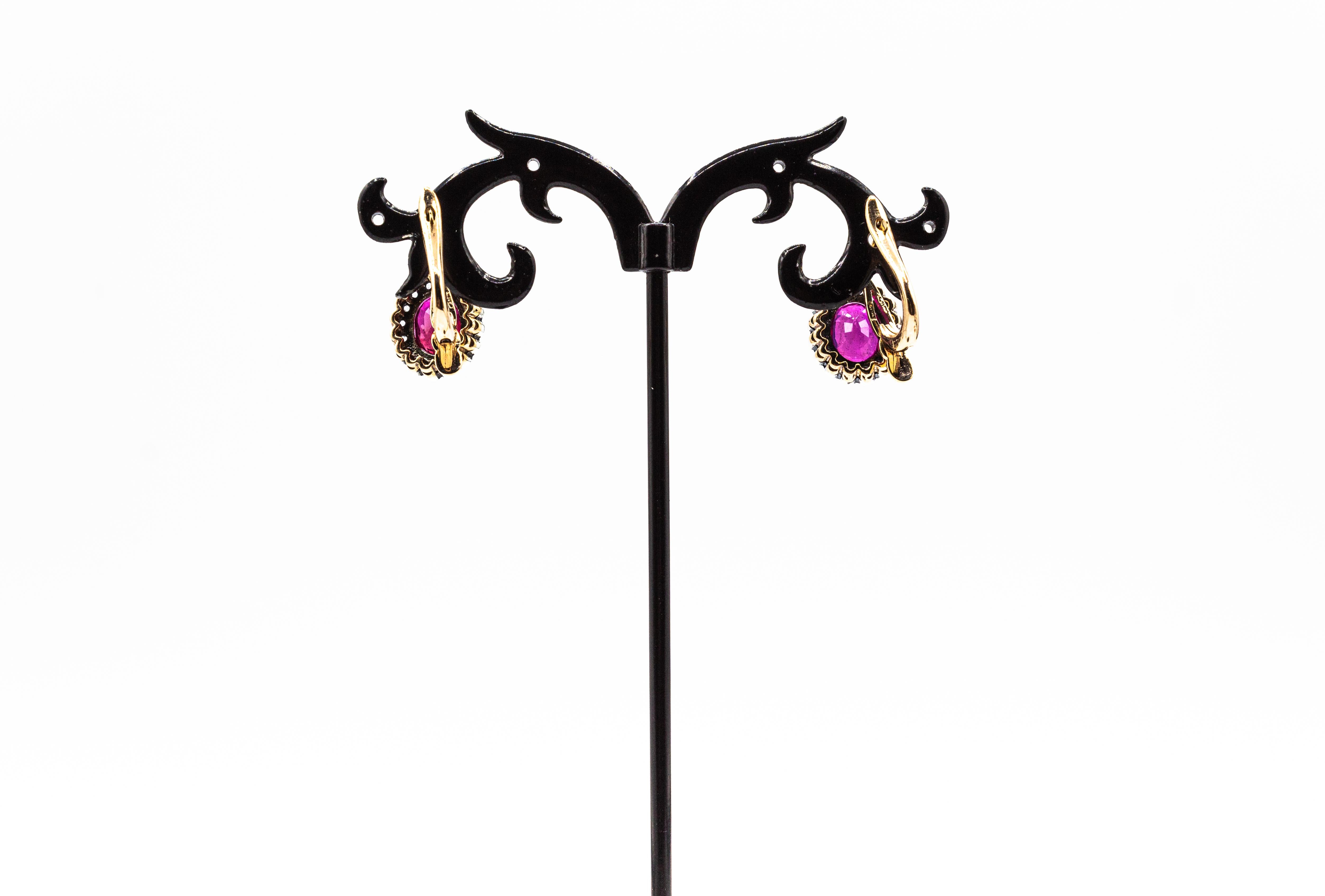 Boucles d'oreilles à levier de style Art déco en or jaune avec rubis et diamants blancs taille rose en vente 2