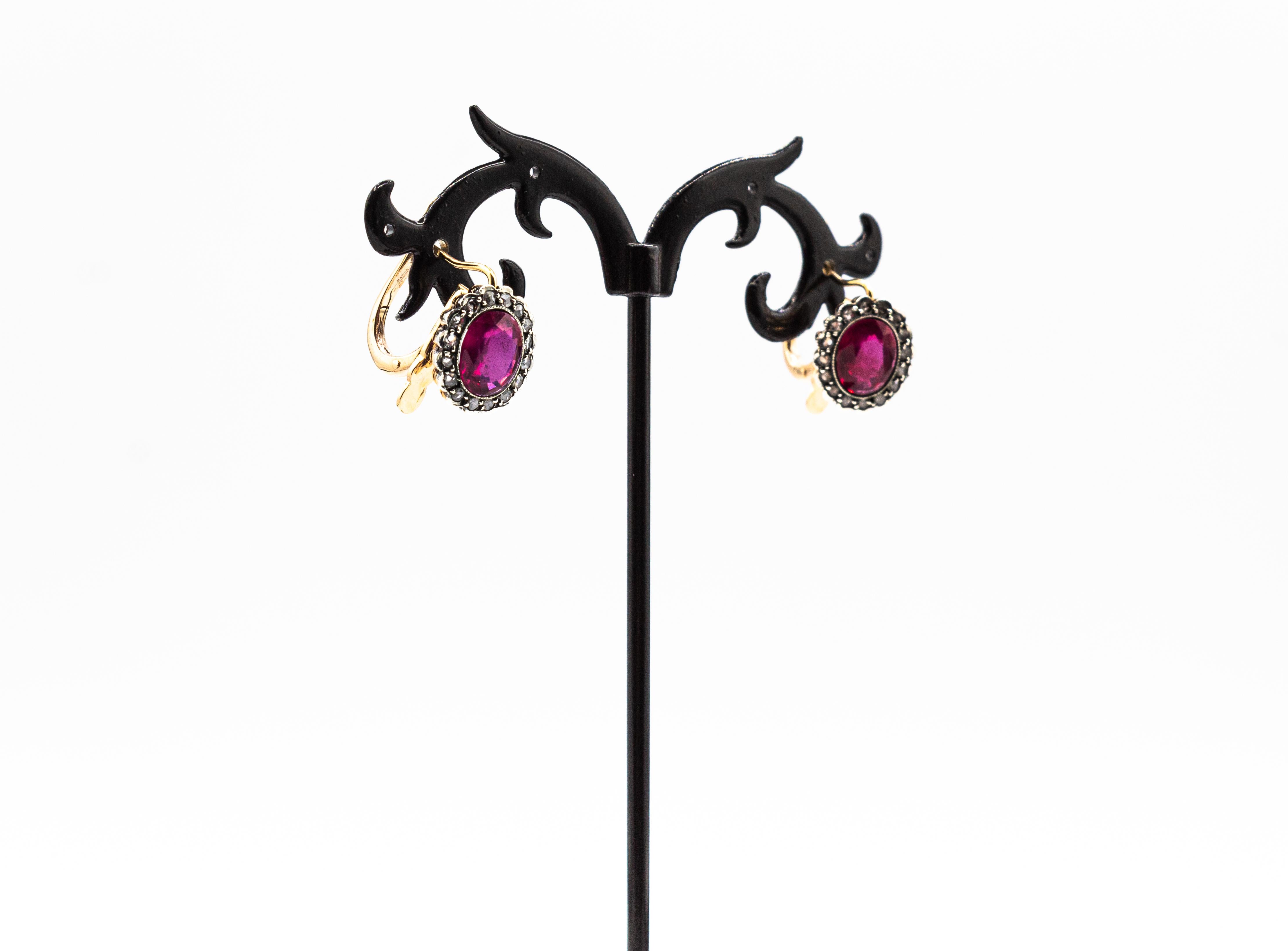 Boucles d'oreilles à levier de style Art déco en or jaune avec rubis et diamants blancs taille rose en vente 3