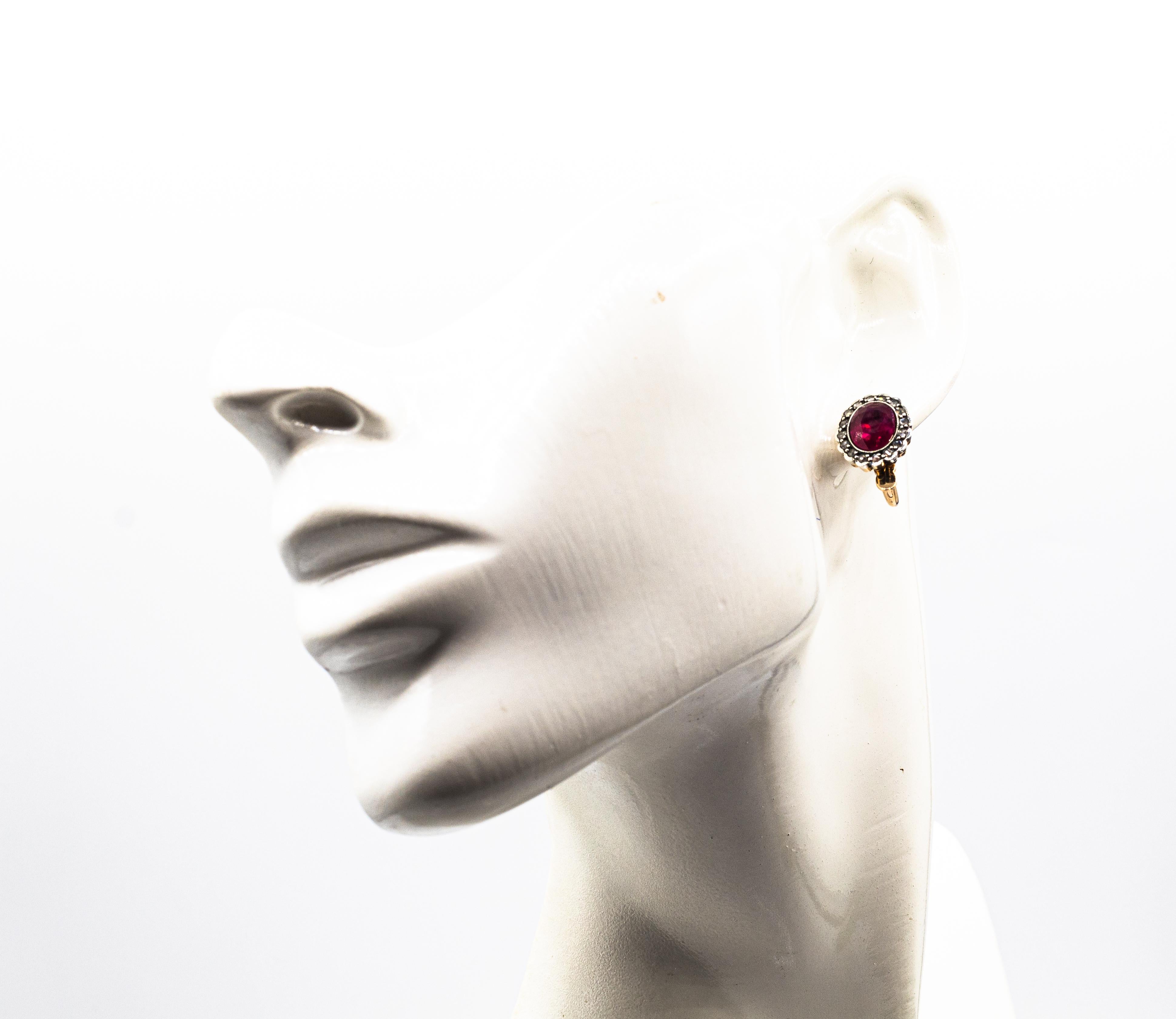 Boucles d'oreilles à levier de style Art déco en or jaune avec rubis et diamants blancs taille rose en vente 4